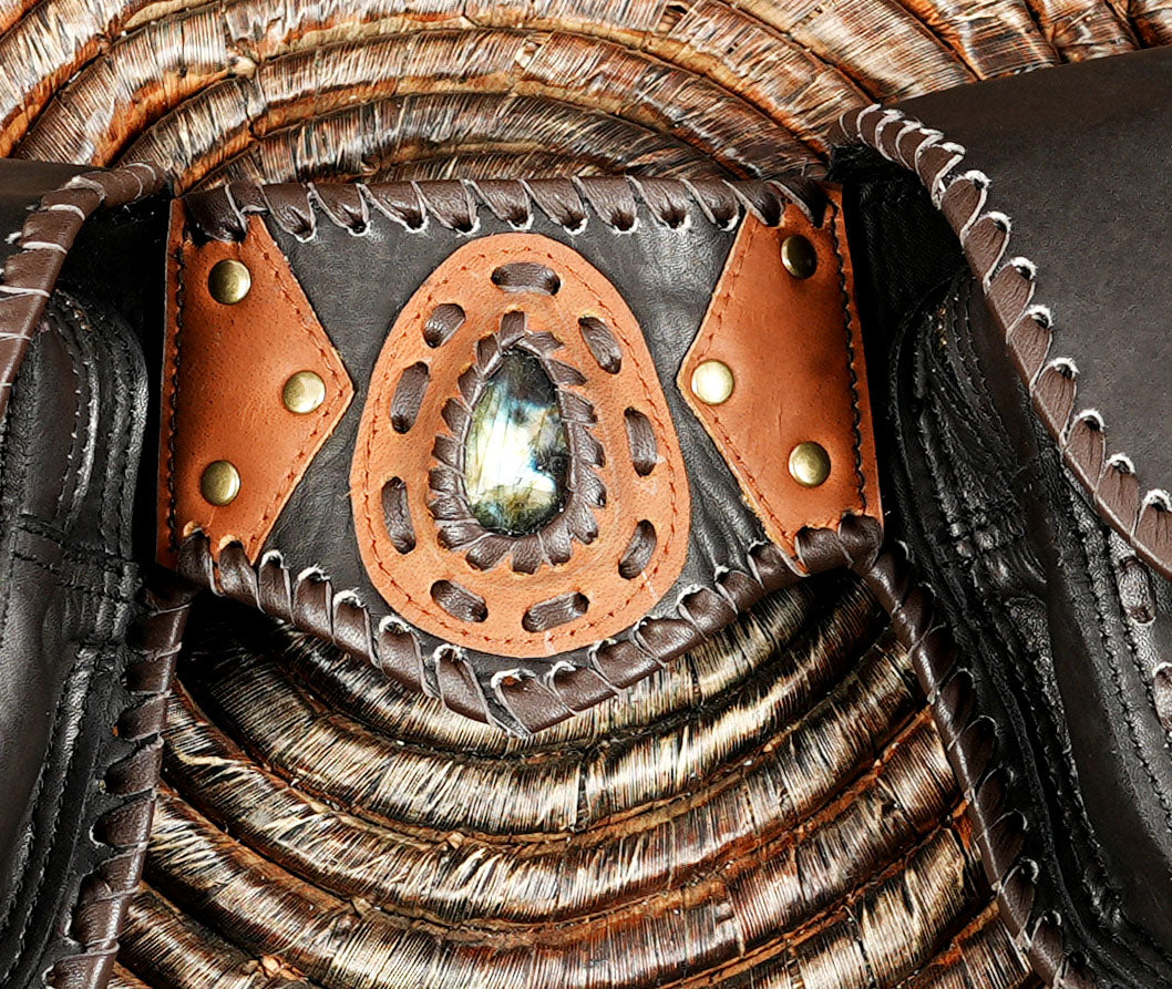 Handmade Leather Utility Belt: White Festival Hip Belt with Pockets and gemstone