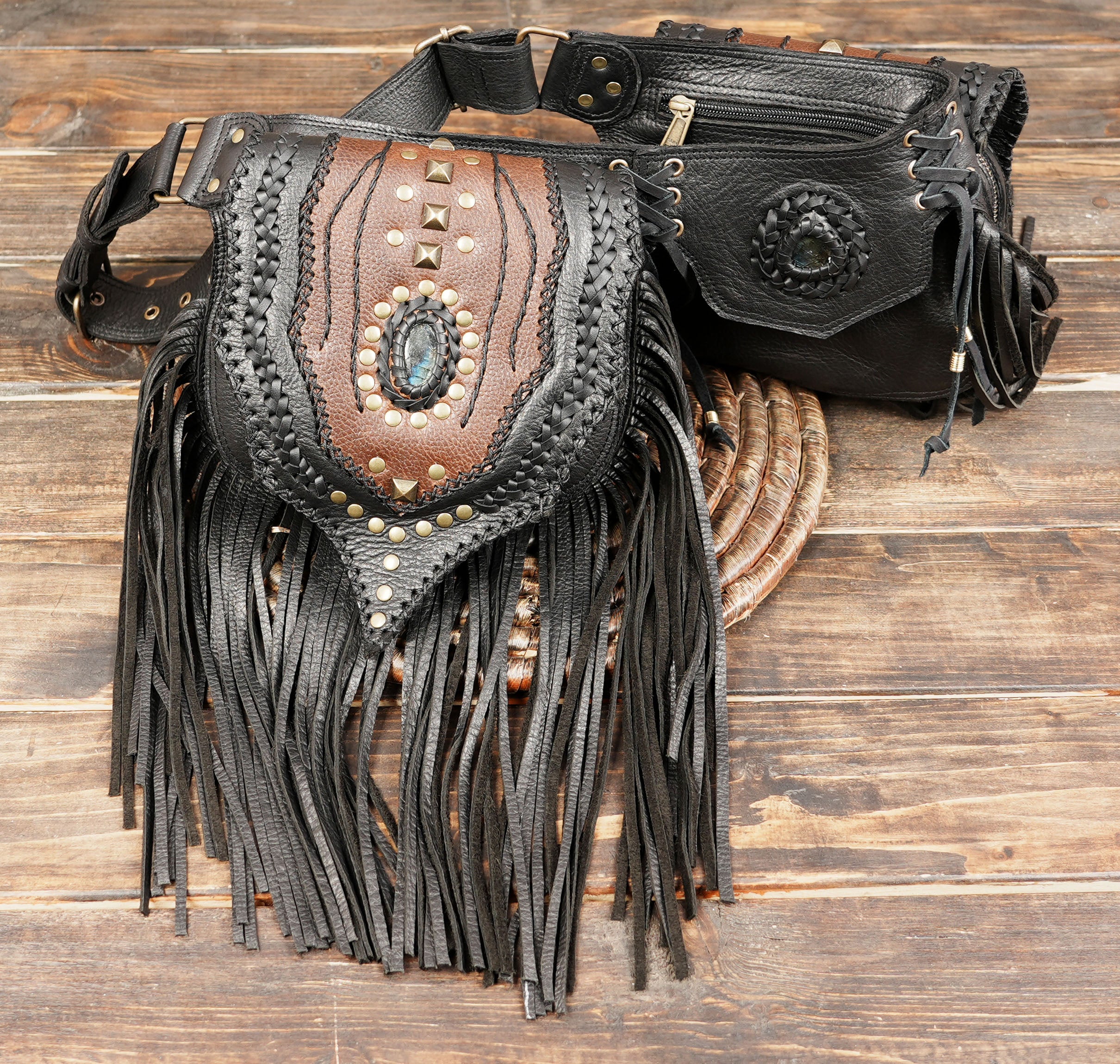 Festival leather waist belt with long fringe and hand tooled leather panels