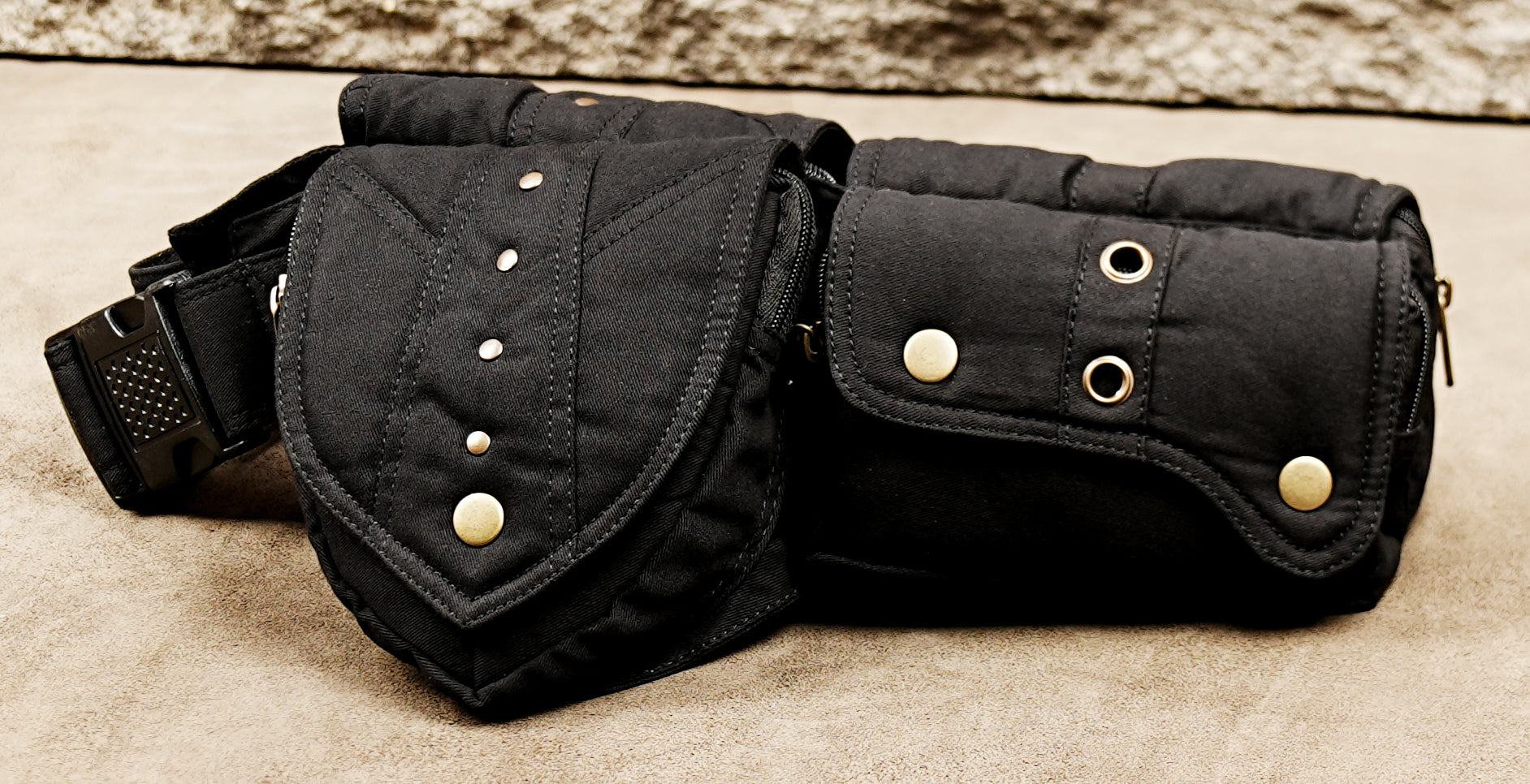 Hippie style black cotton utility belt with four zip and snap pockets