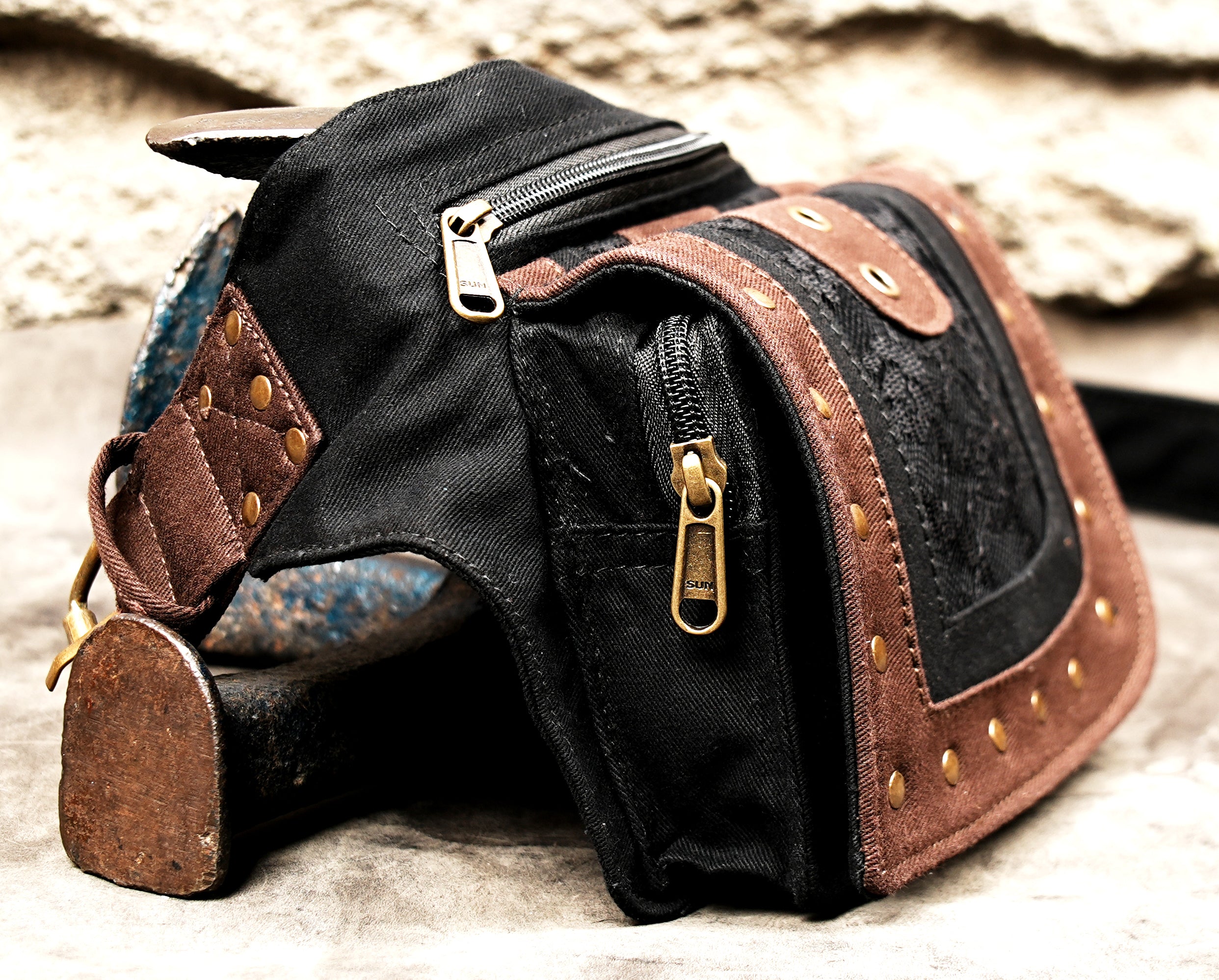 Handmade black cotton belt bag with brass fittings