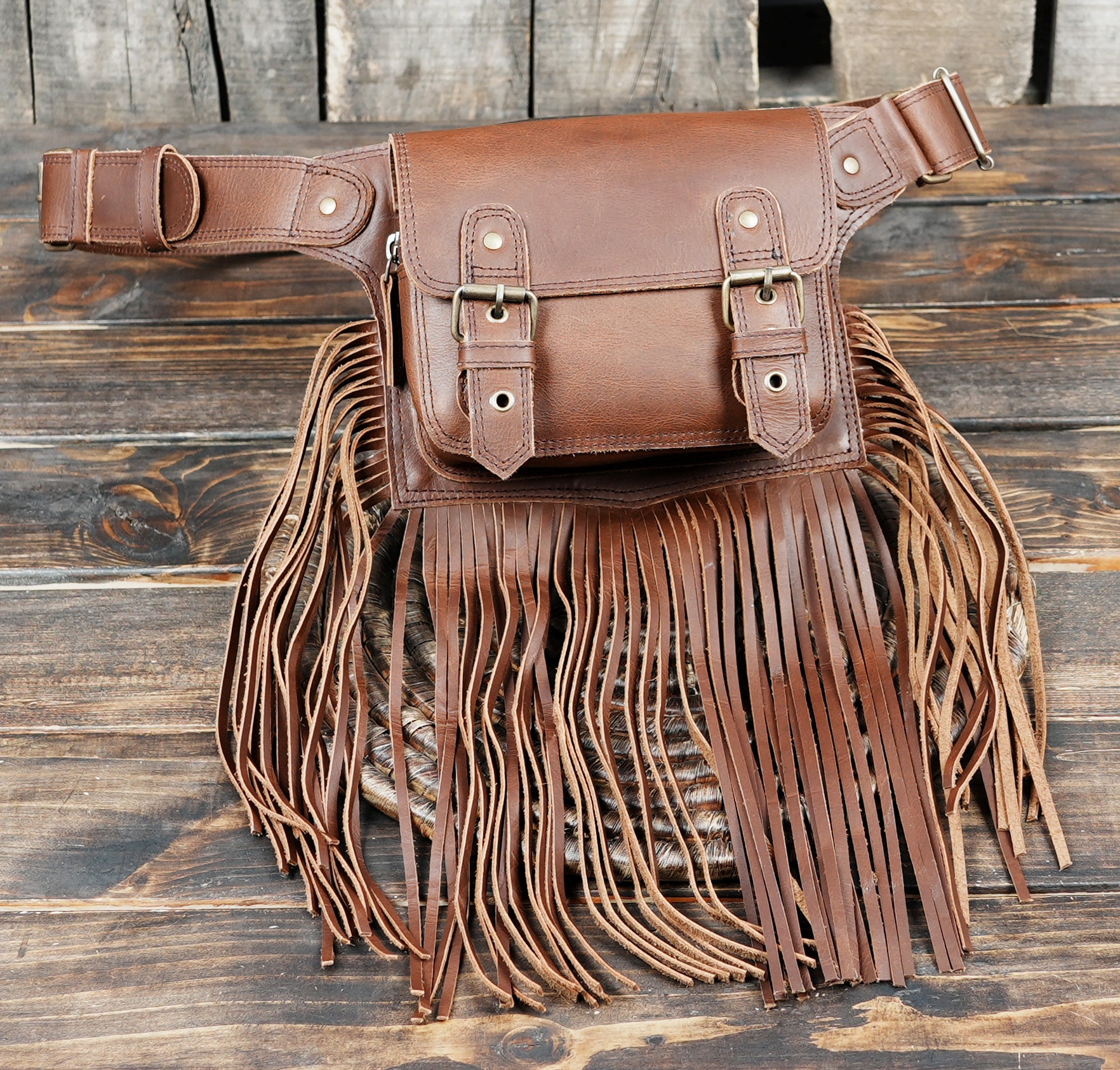 Boho fringe leather belt pouch with dual buckle fastening