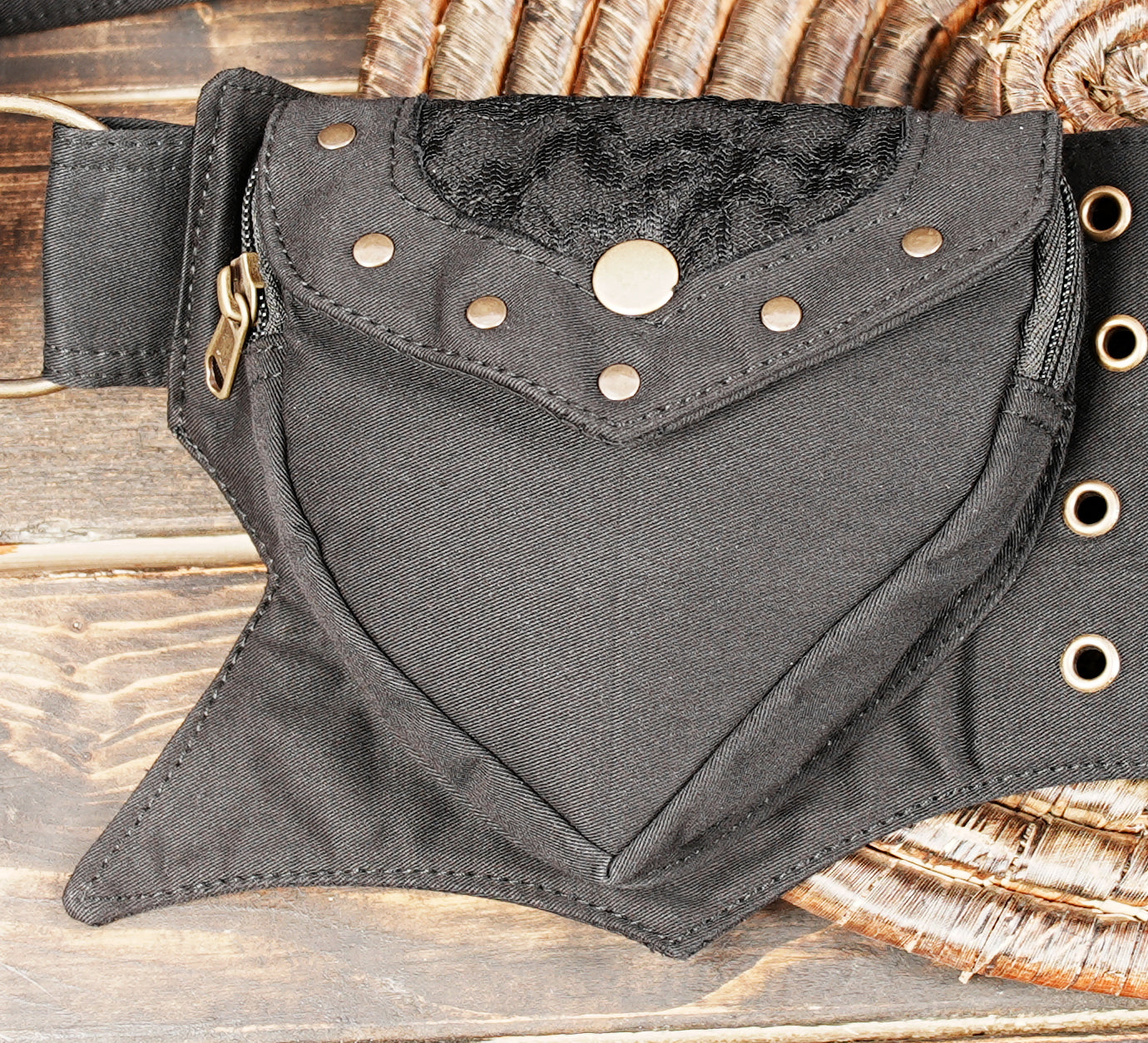 Black cotton waist bag with double pockets and adjustable belt strap