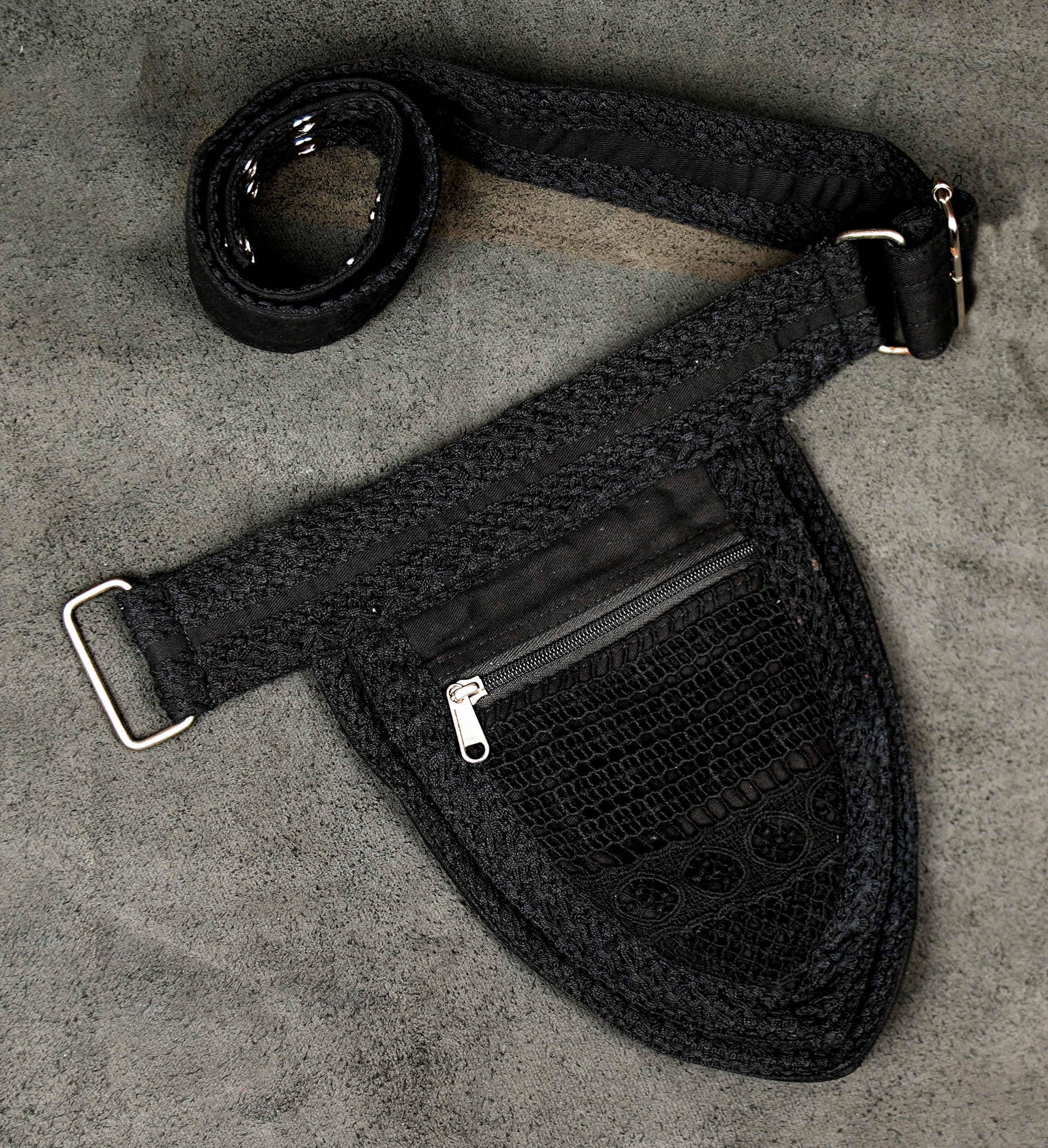 Bohemian black canvas hip bag with adjustable strap and metal buckle