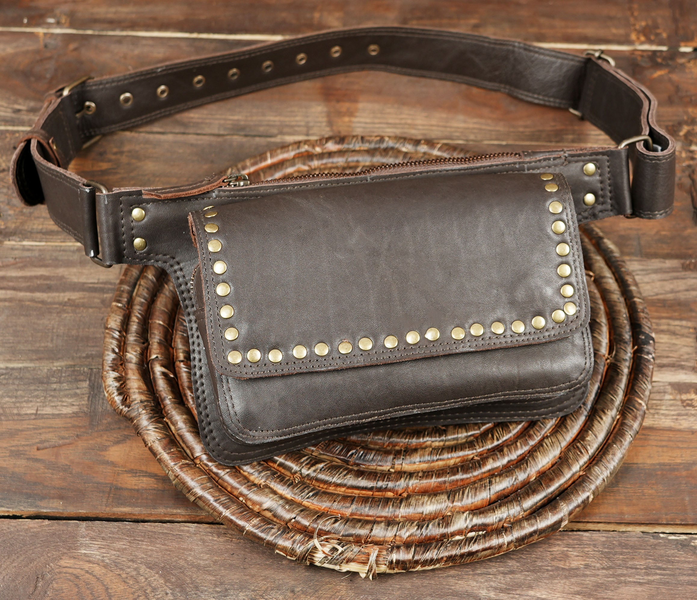 Western fashion leather utility belt with pouch compartments