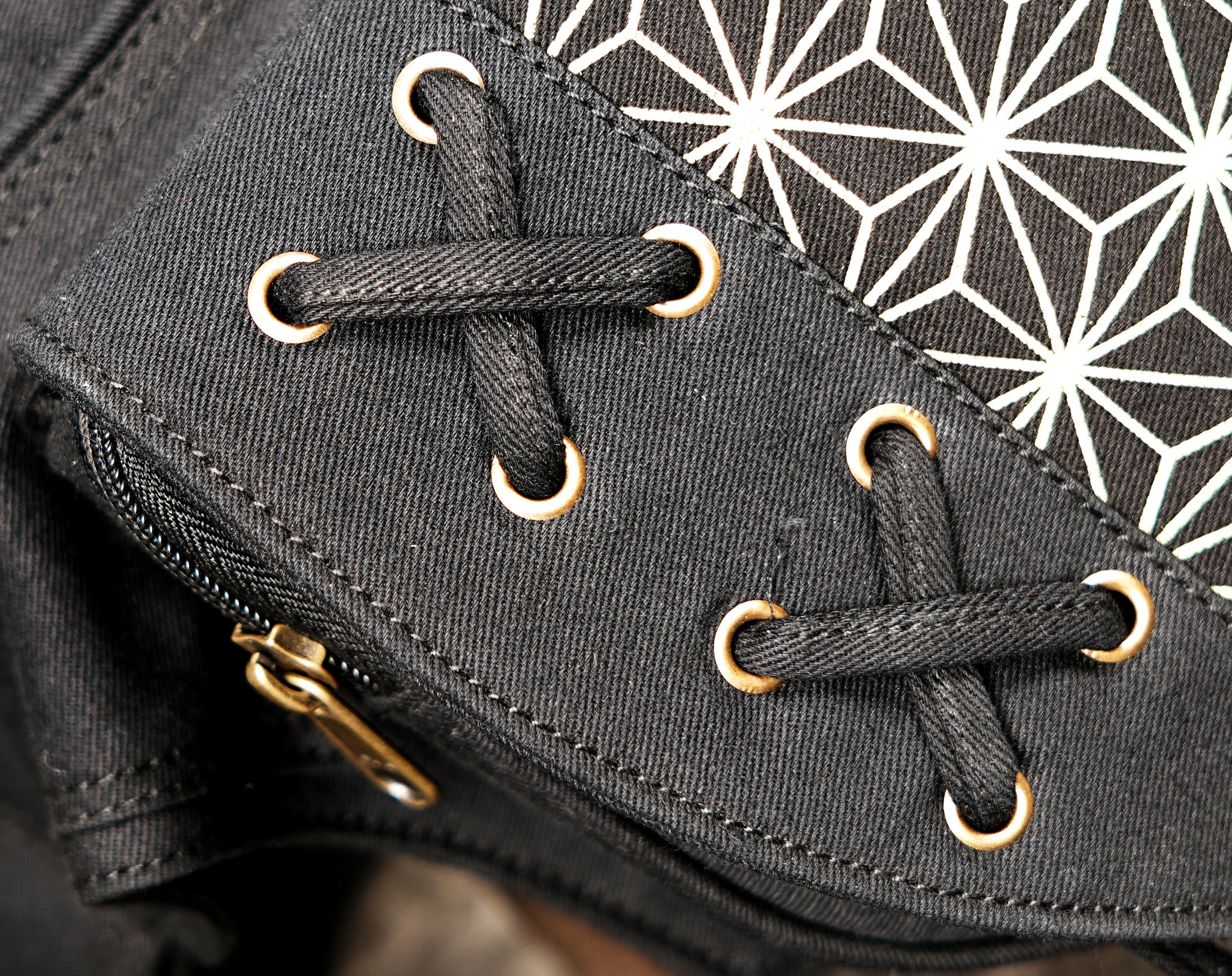 Black Cotton Waist Belt Bag, Geometric Festival Hip Pouch, Lace Up Utility Pack, Unisex Travel Accessory (CTN/AB/WB/1002)