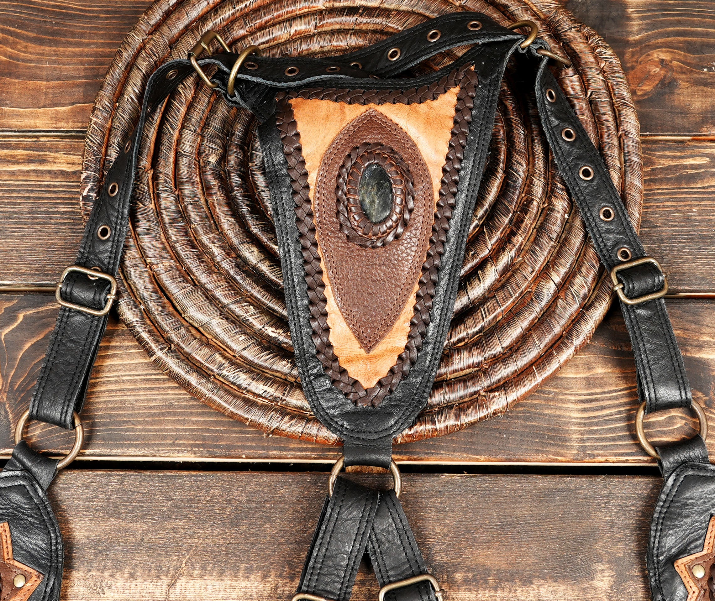 Handmade Leather Holster with Gemstone Eye Design || Boho Style Leather Holster Bag with Adjustable Straps (LT-AB-HLS-6085)