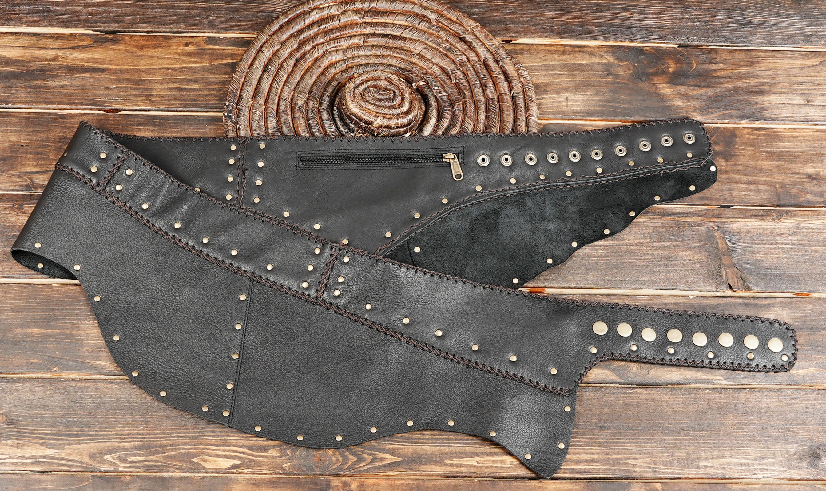 Studded black leather western skirt for cowboy or cosplay outfits