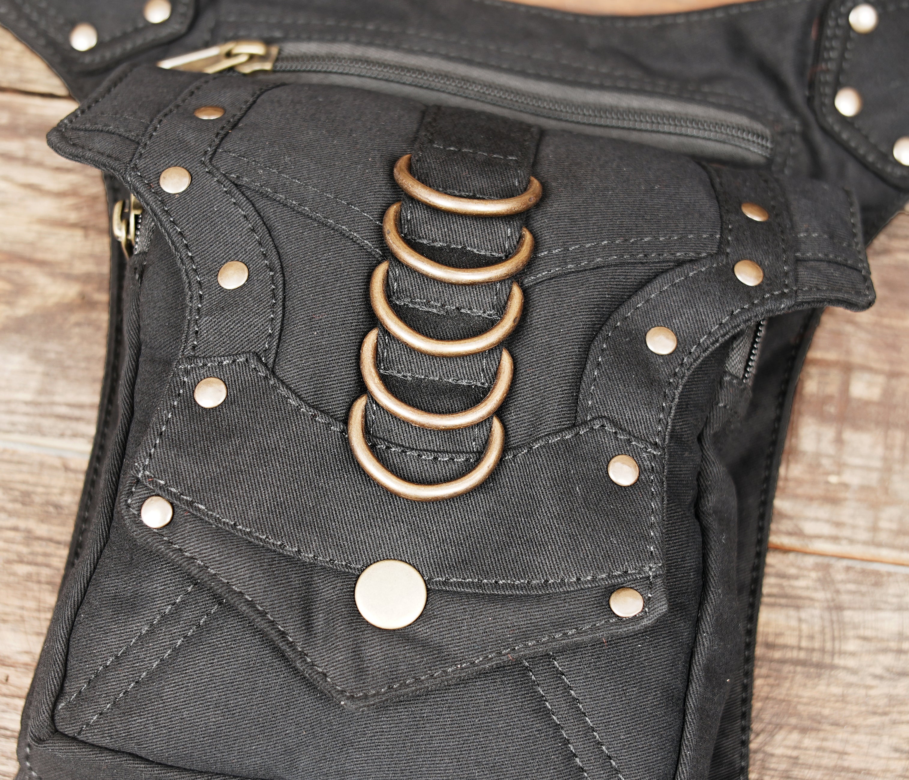 Steampunk utility leg pack in heavy-duty cotton canvas with antique brass accents.