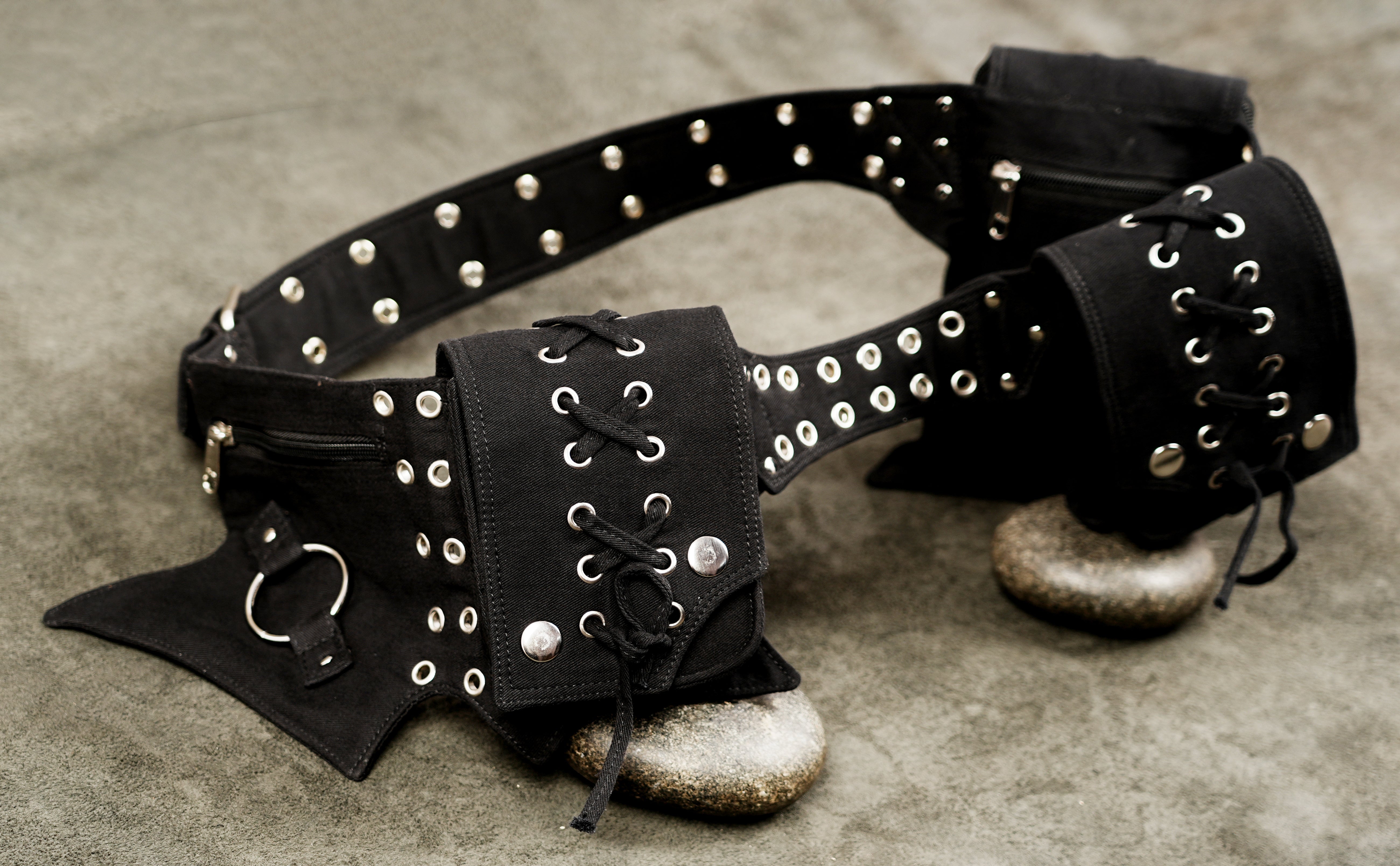 Gothic style black cotton waist pocket belt with O-ring detail