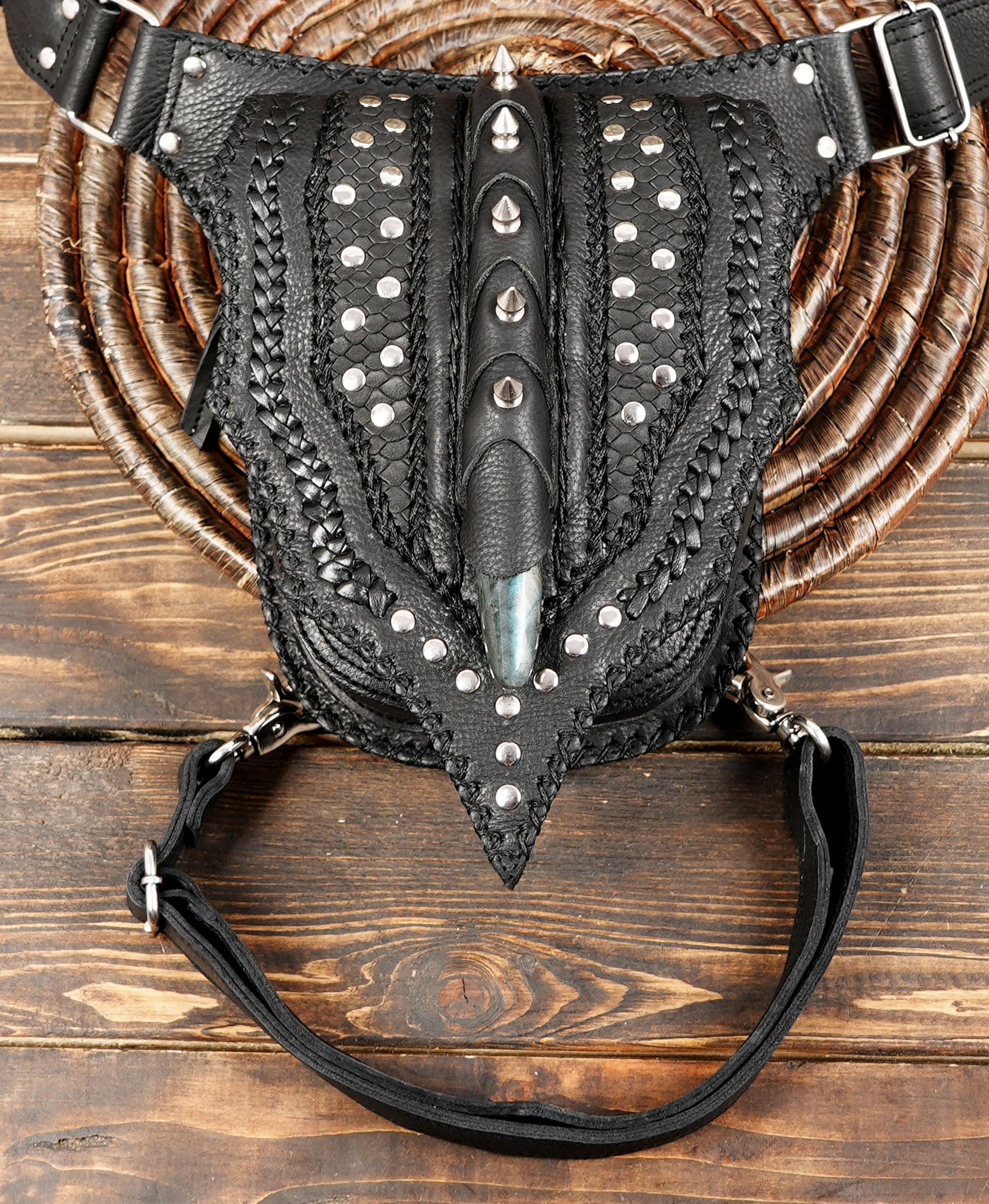 Hip bag, Leather bag biker, Leather Belt Pouch, motorcycle bag, biker bag, Black Leather Hip Holster with steel brash