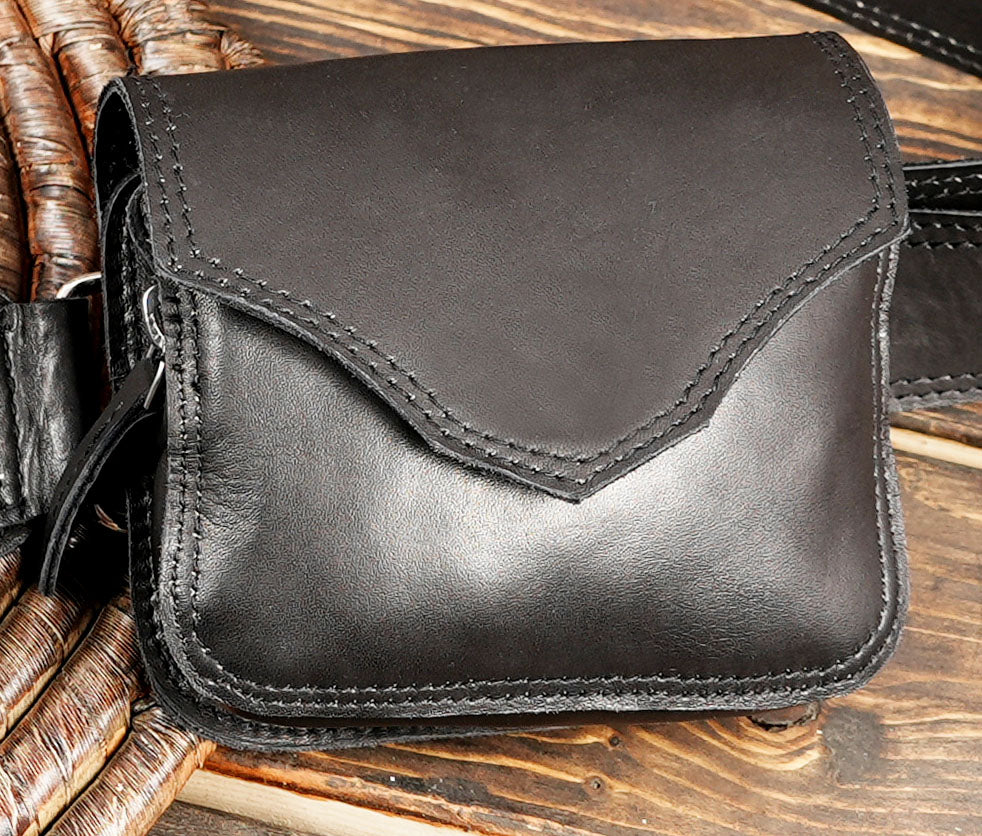 Men's Women's Genuine Leather Bag Leg Bag Motorcycle Leg Bag Black Rivets with zipper 