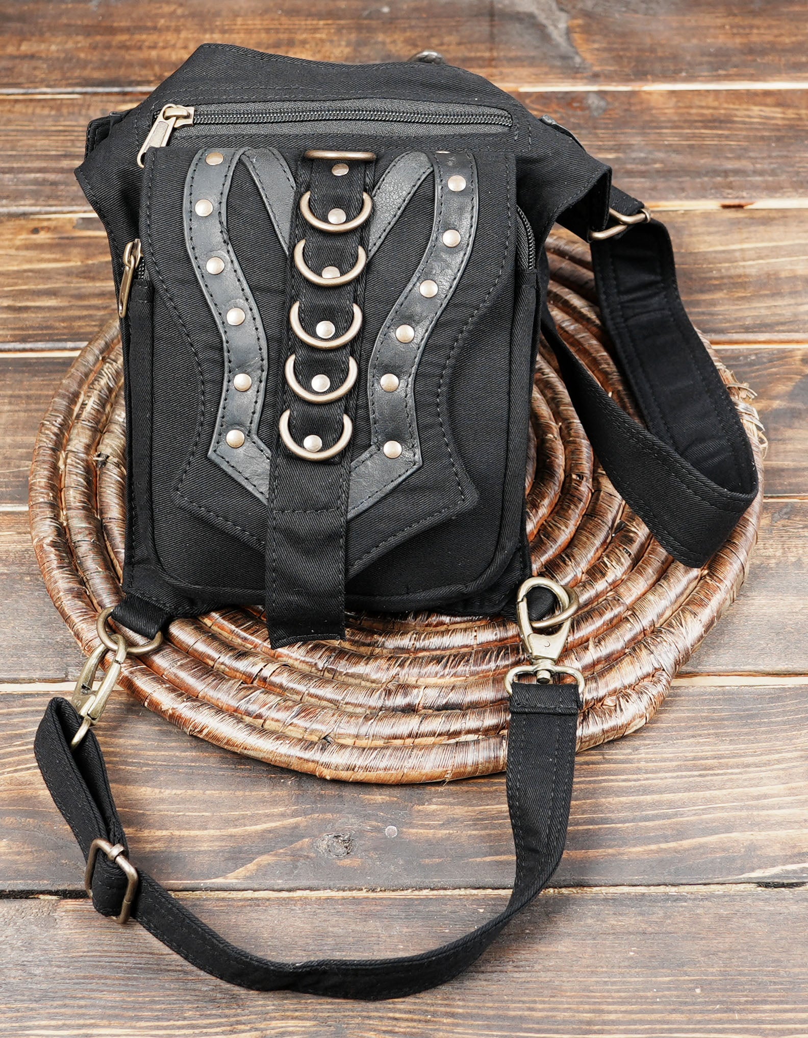 Steampunk utility leg pack in heavy-duty cotton canvas with antique brass hardware.