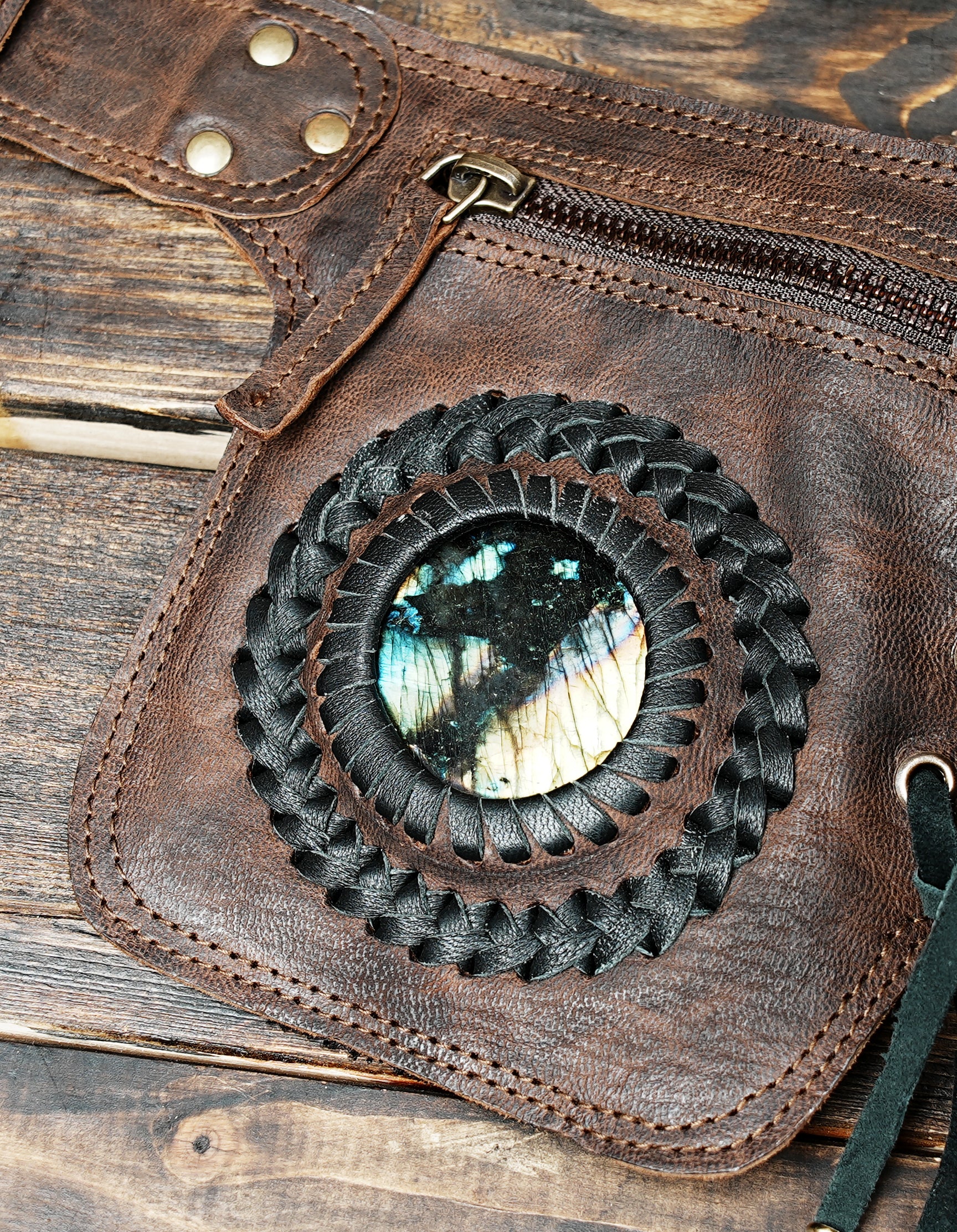Steampunk leather belt with dual side pockets