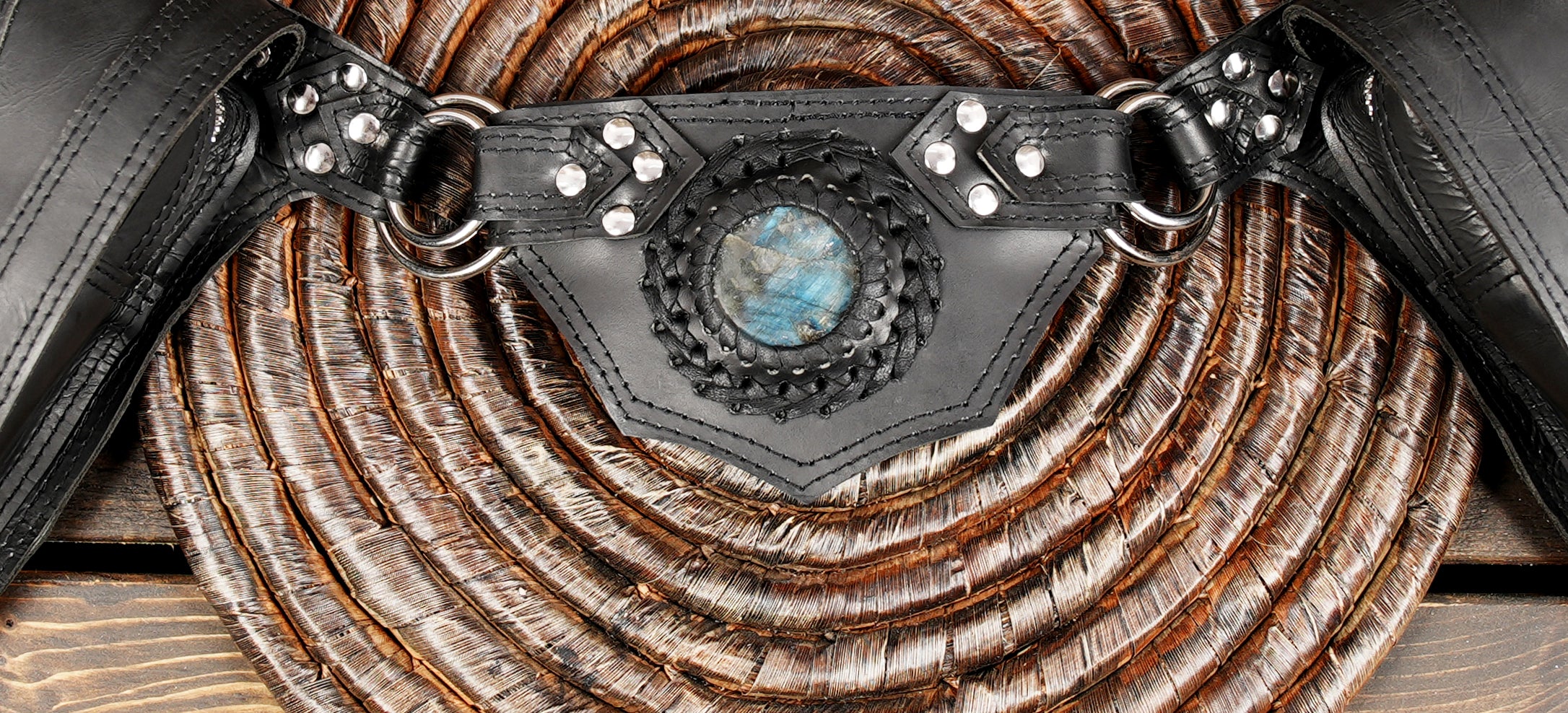 Black leather utility waist belt with adjustable buckle strap