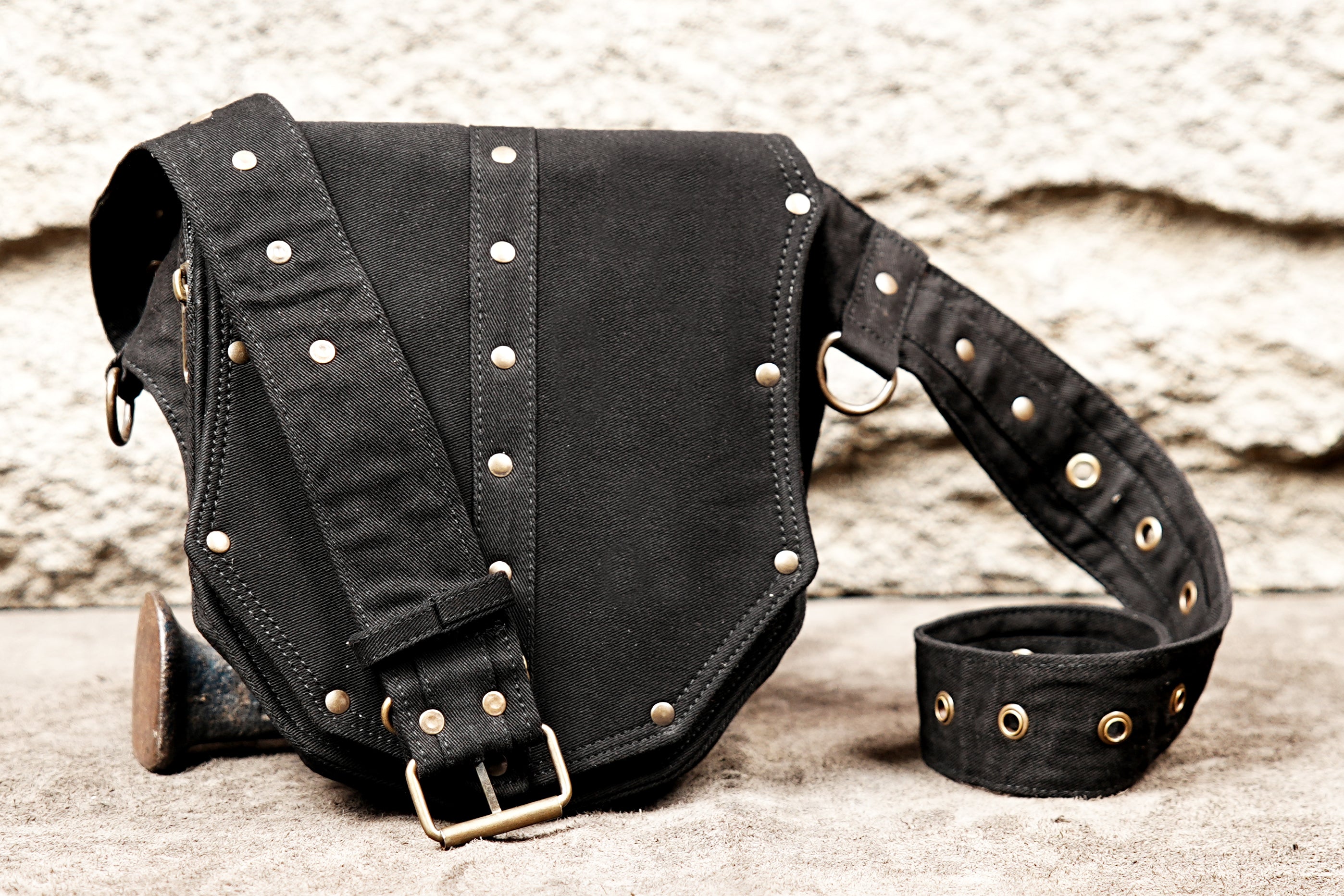 Dark Academia Accessory - Black Cotton Utility Belt with Industrial Brass Details