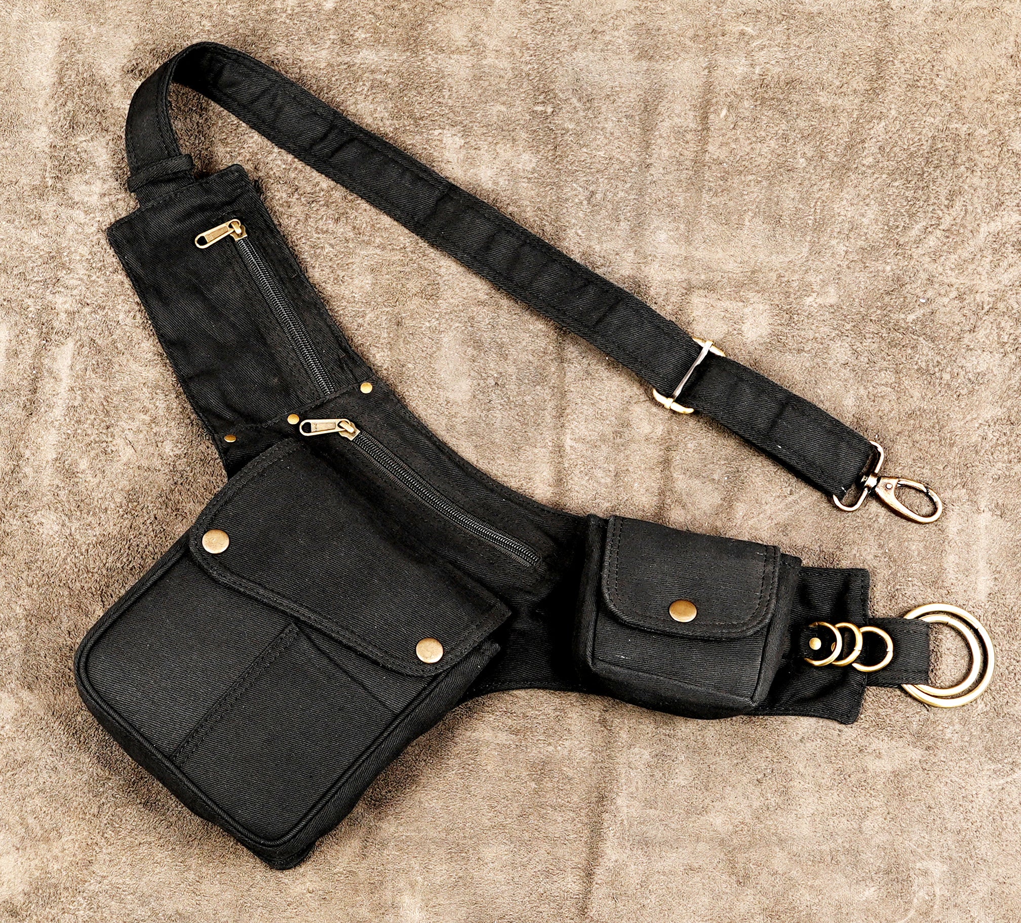 Bohemian festival waist pouch made from rugged black cotton