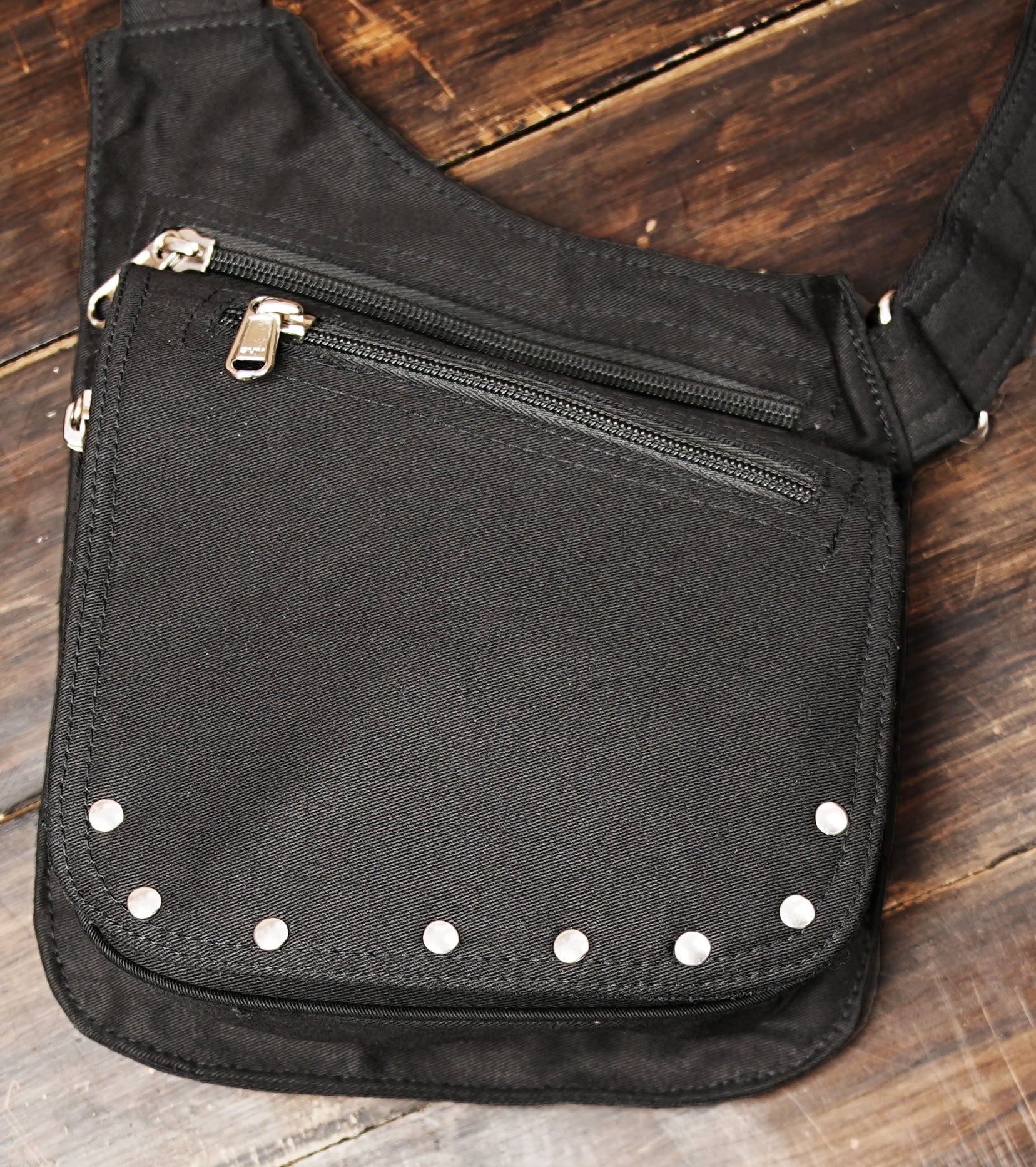 Steampunk style canvas body harness with multiple pockets and silver buckles