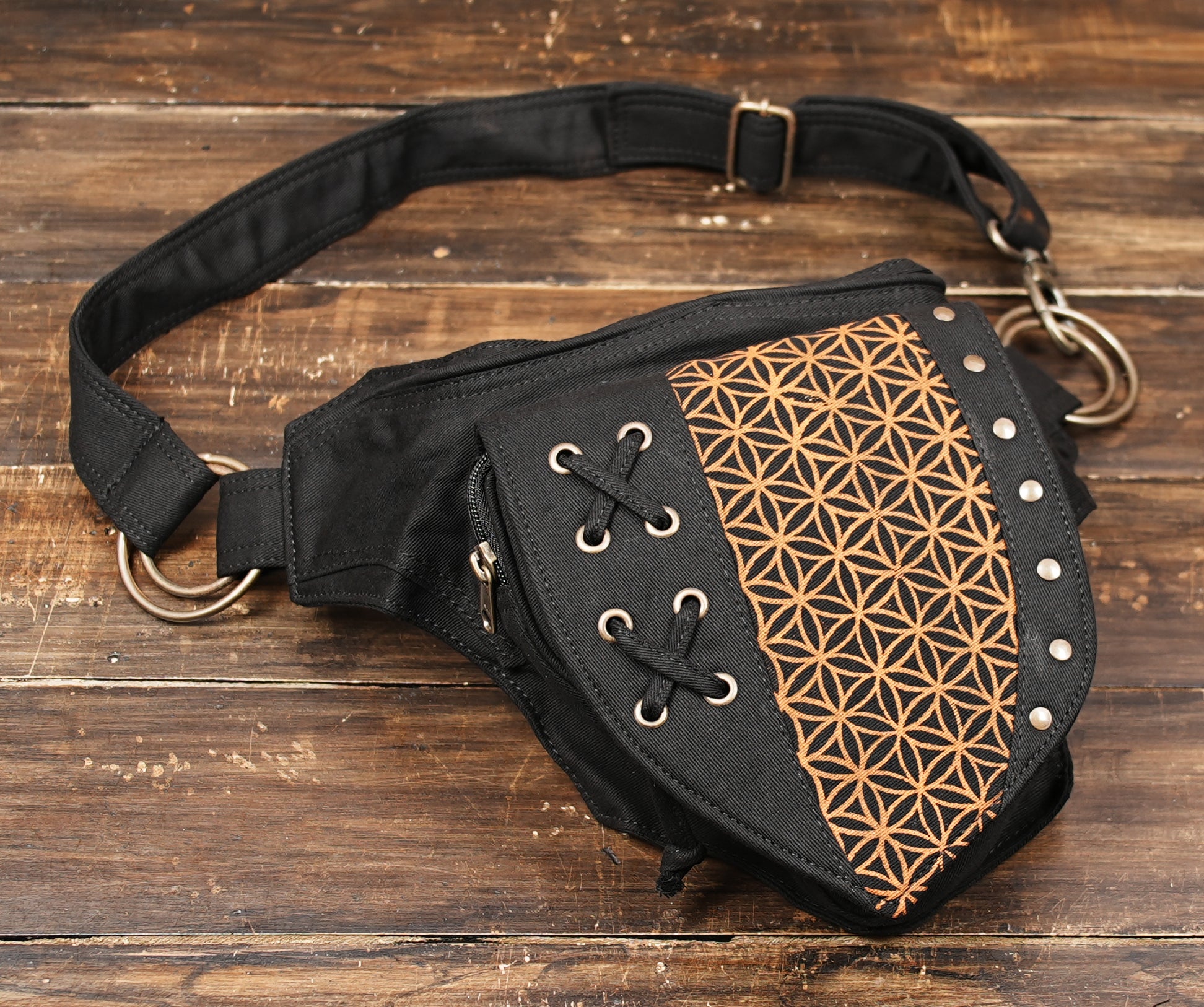 Black Cotton Hip Bag with Adjustable Belt and Geometric Festival Pattern