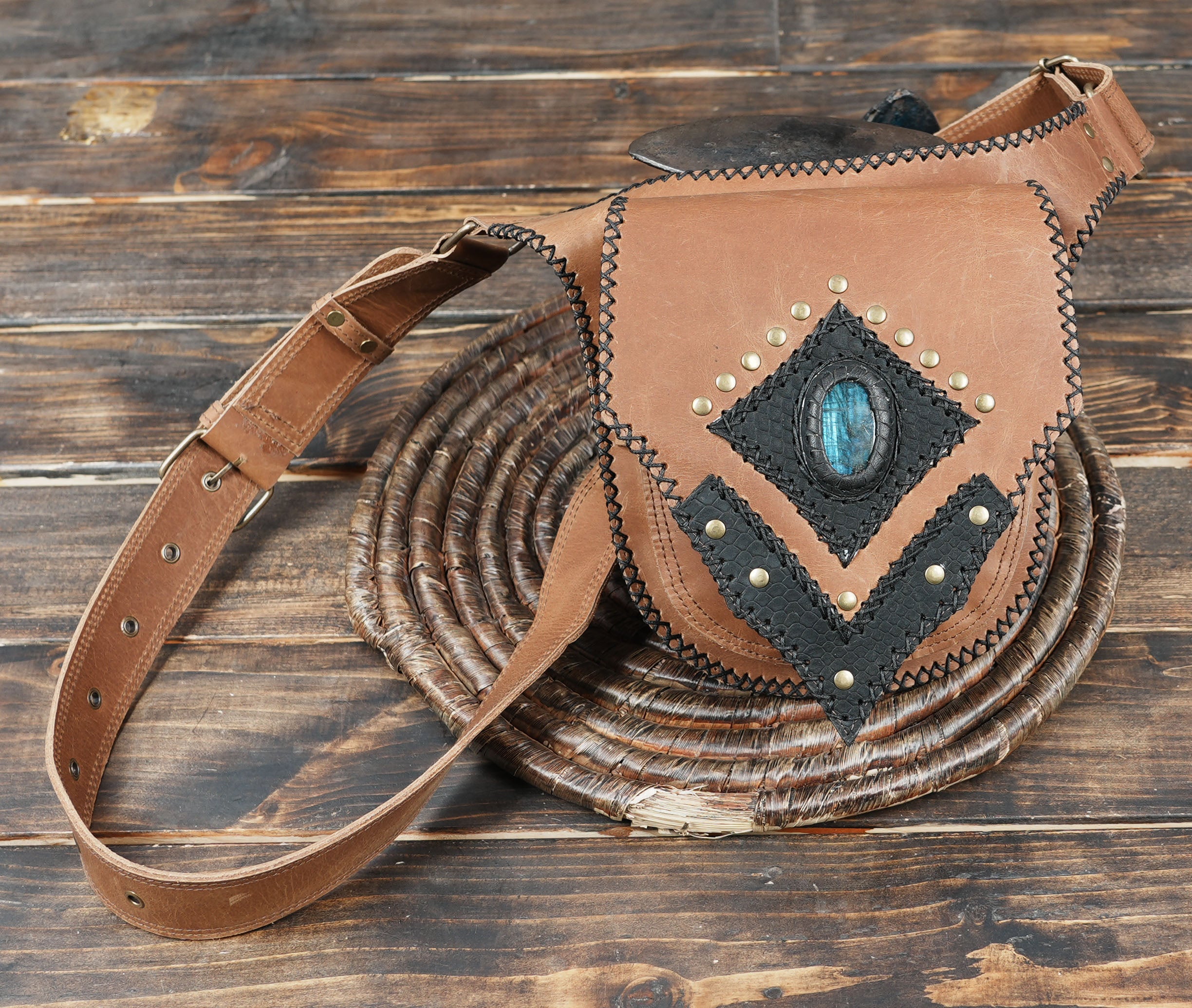 Artisan crafted gemstone leather belt with hand stitching