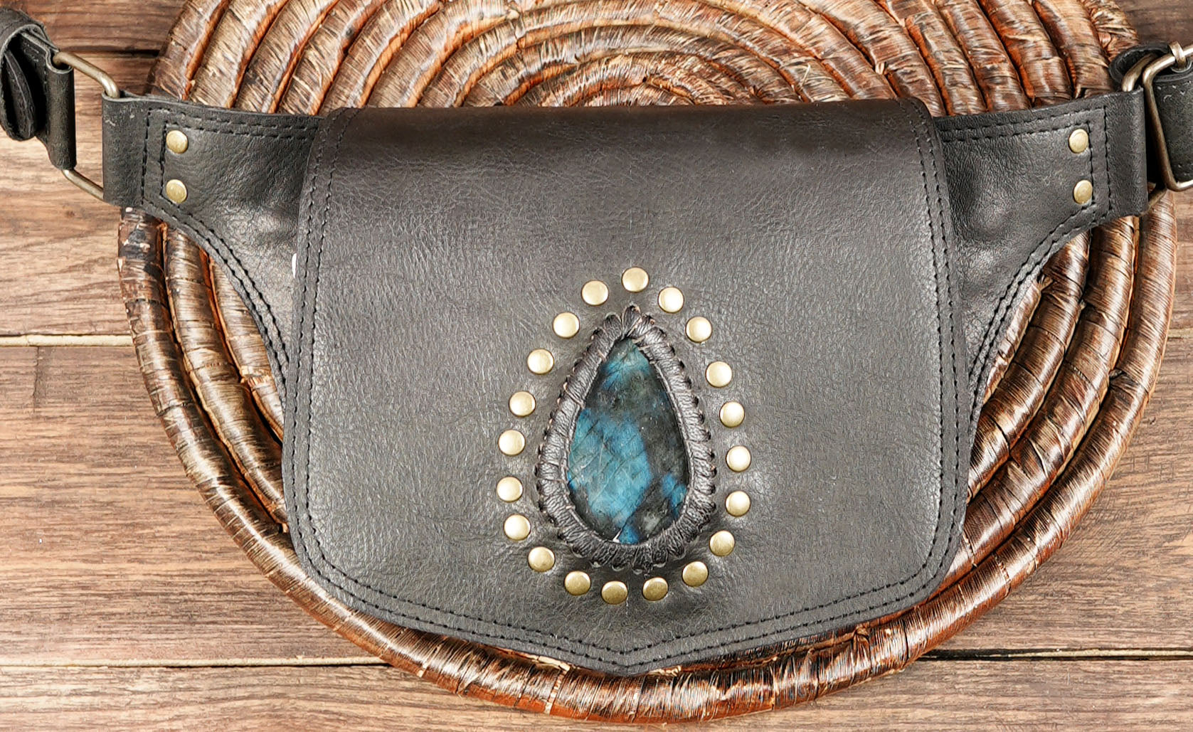 Festival-ready black gemstone leather waist pouch with metal usase