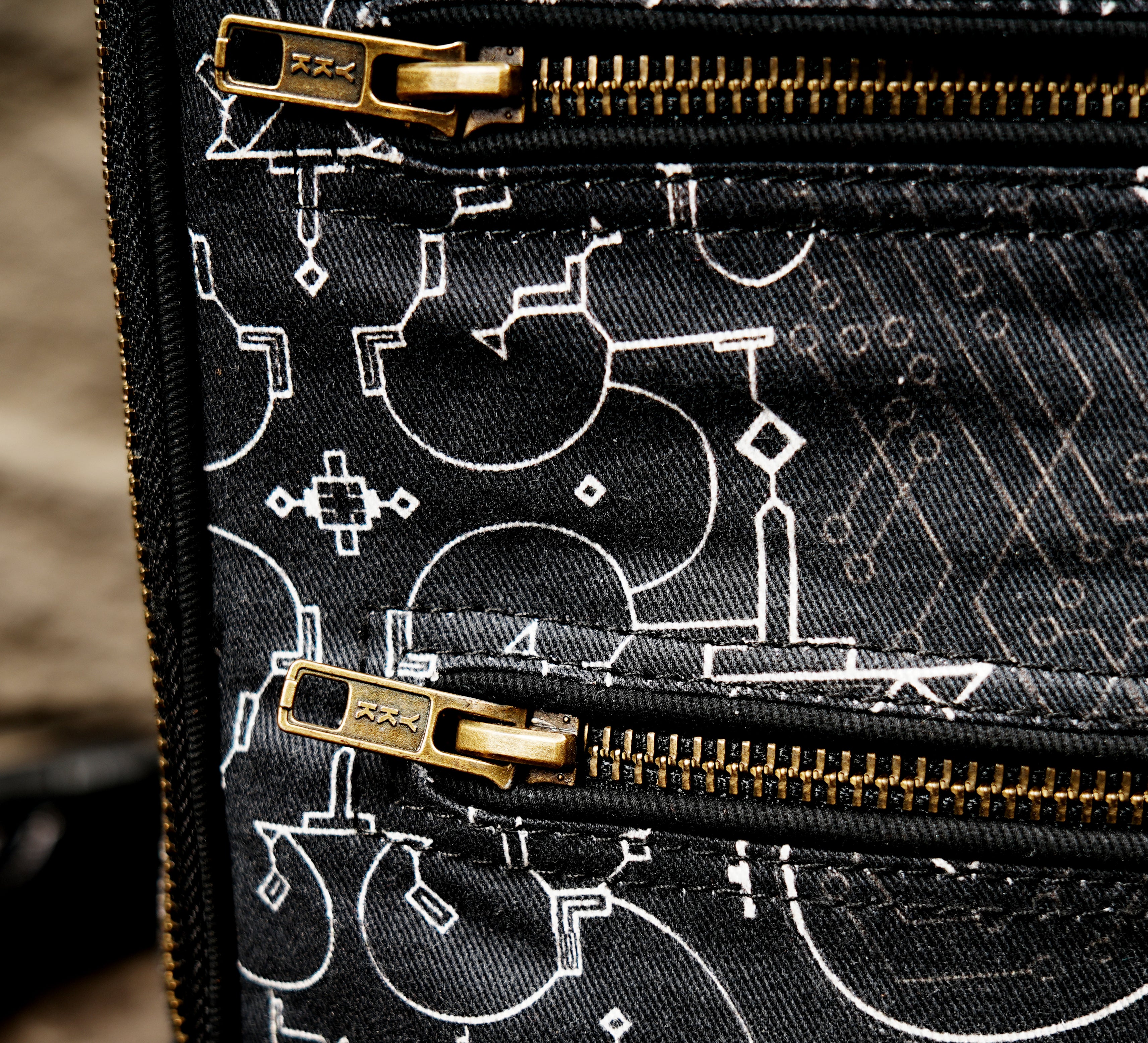 Techwear crossbody bag with triple zipper pockets, front view