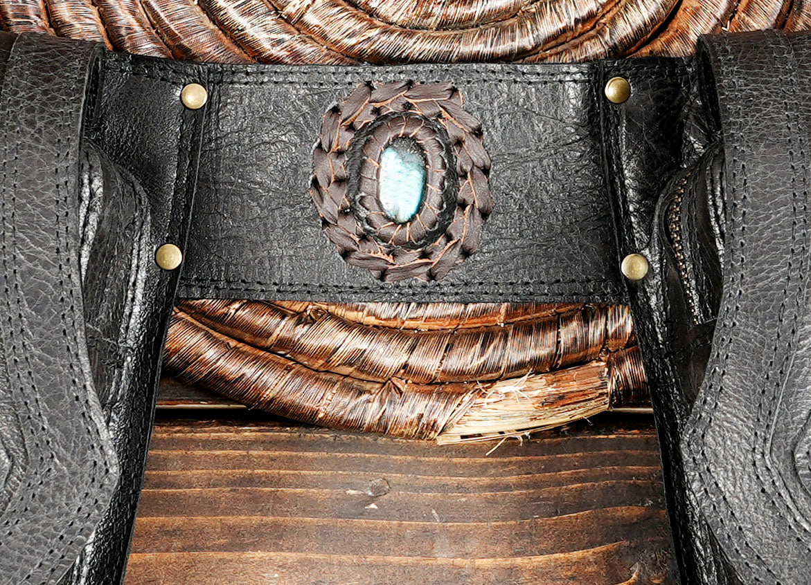 Handmade Black Tribal Leather Waist Belt with labradorite gemstone – Gothic Boho Hip Bag with Stone Accents  (LT-AB-WB-6080)