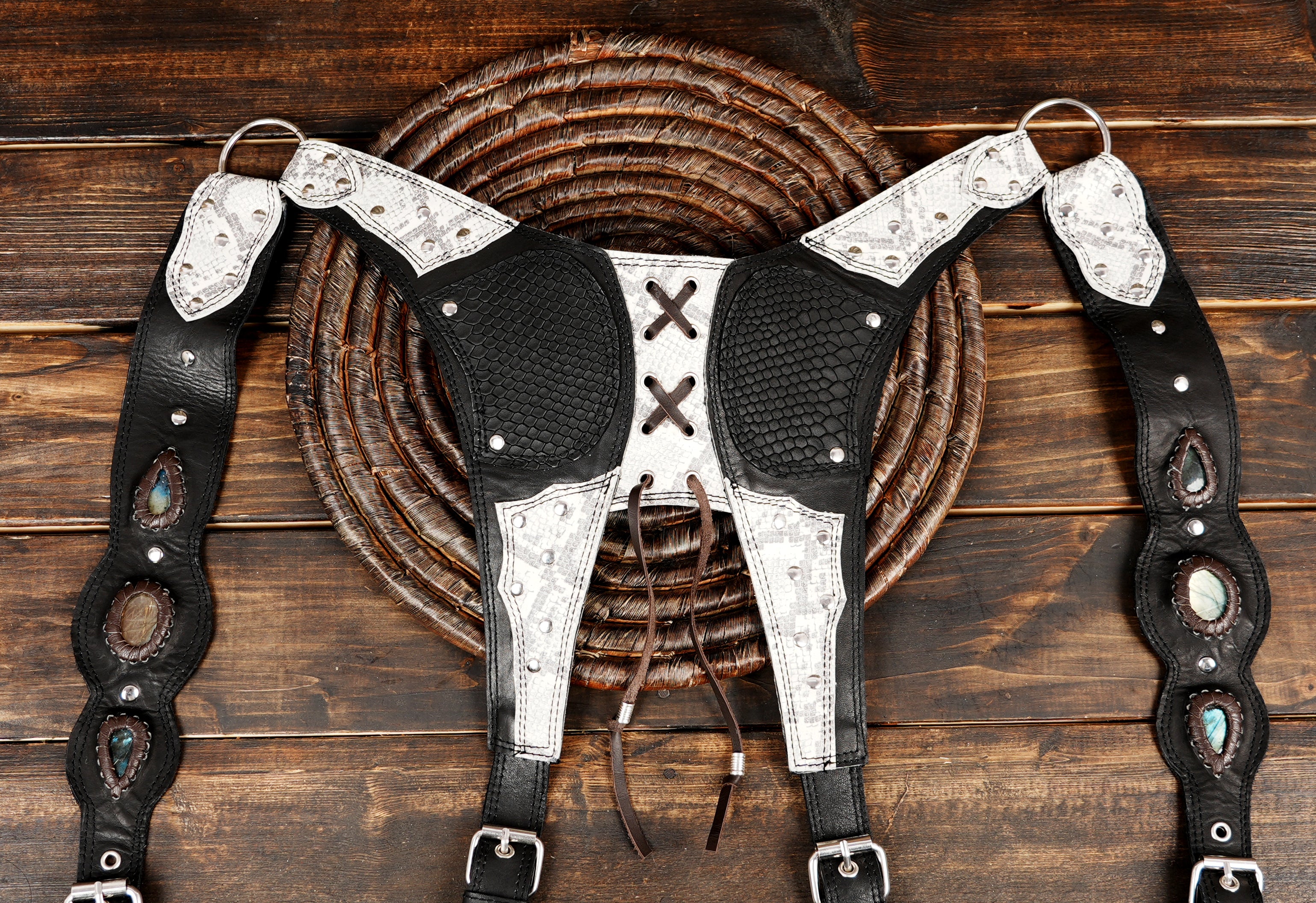 Festival holster bag , Steampunk style in black leather holster with gemstone 