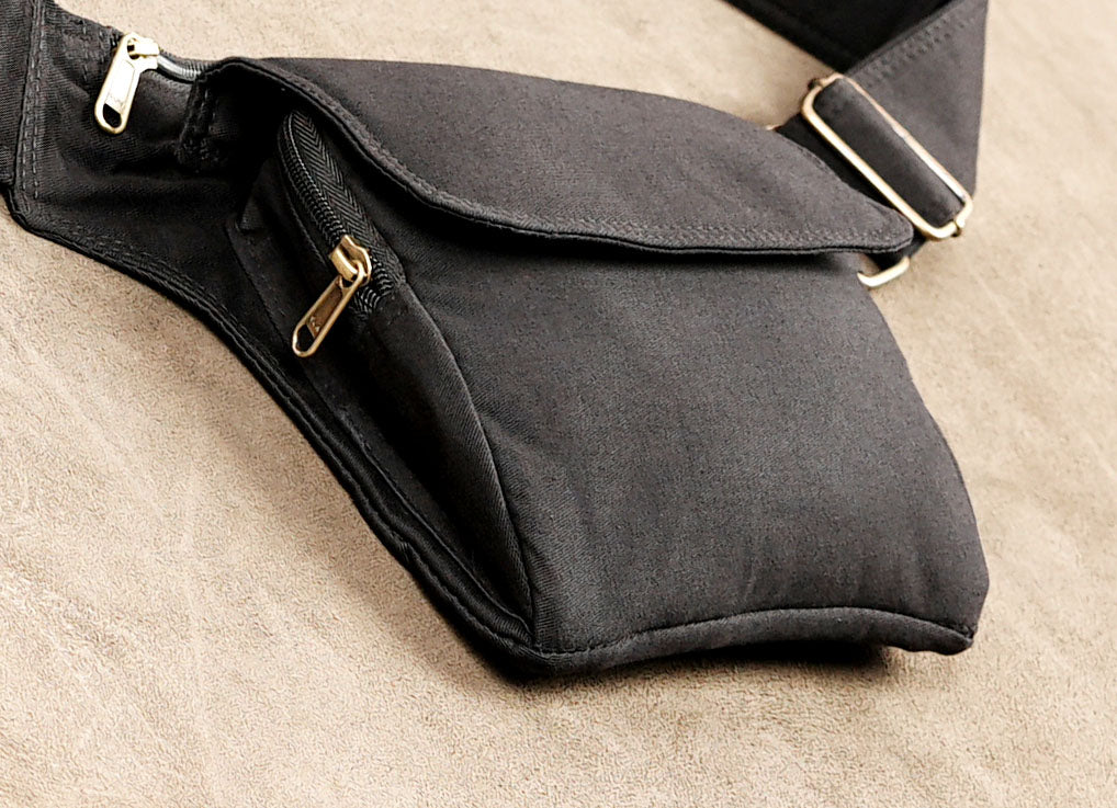 Boho hip belt bag in black canvas for festivals and travel
