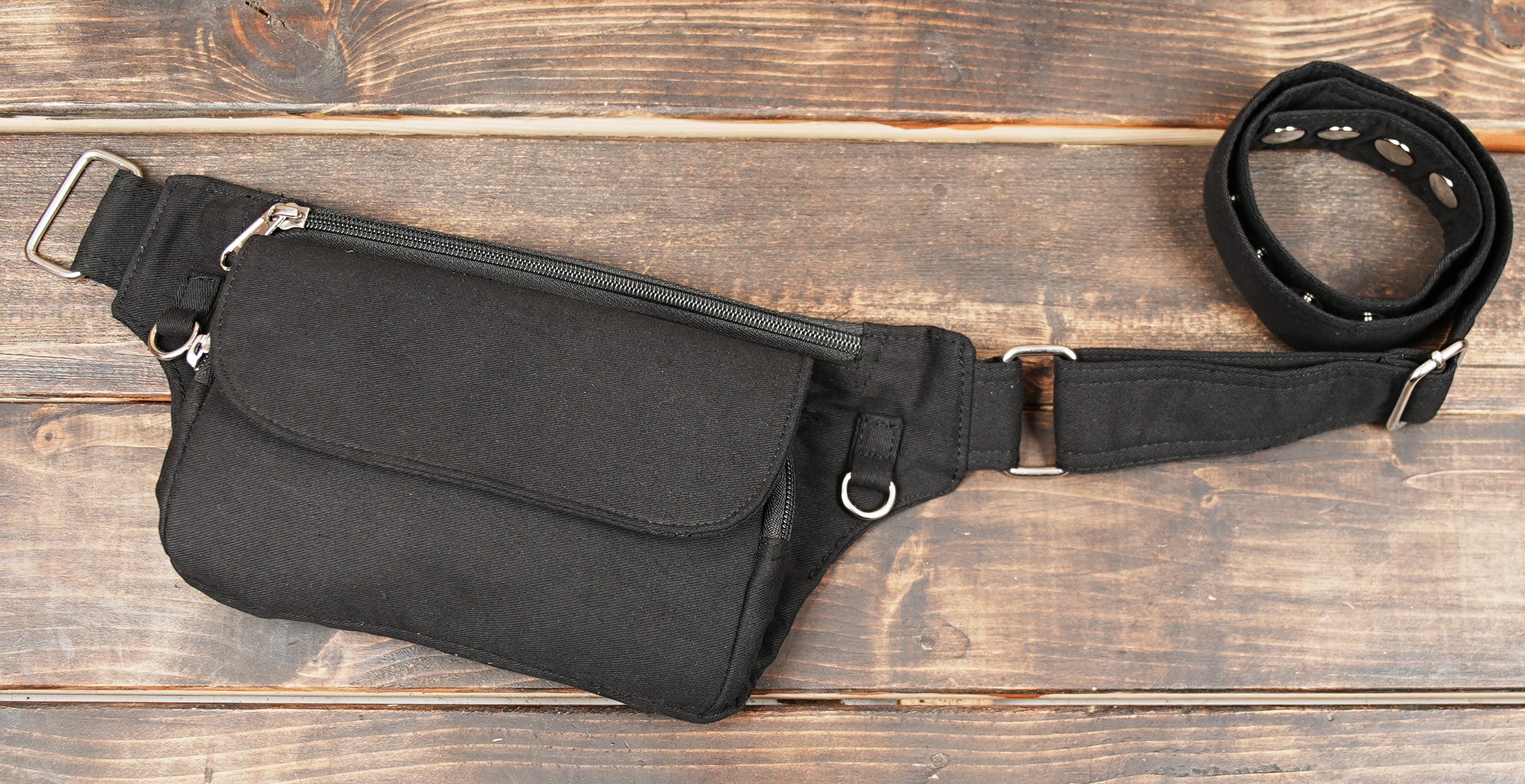 Cotton canvas crossbody waist bag in solid black
