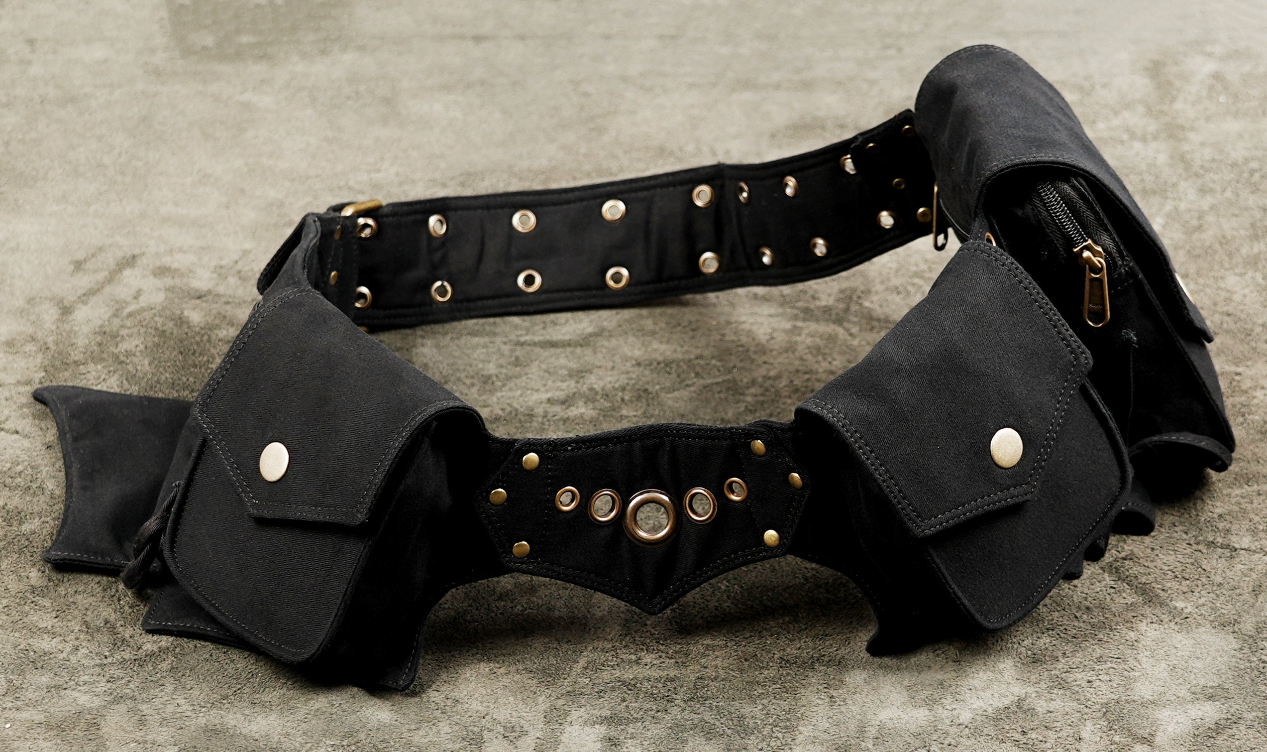 Black festival waist belt with silver-tone studs and adjustable strap
