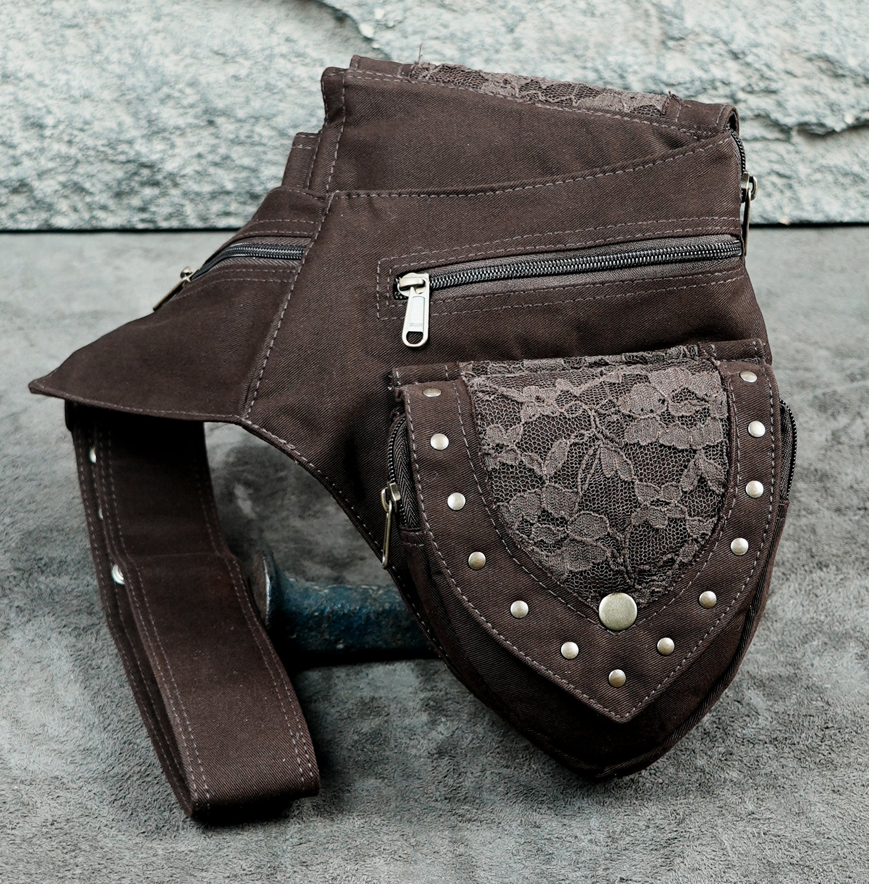 Bohemian brown waist bag with zippered compartments and lace flaps