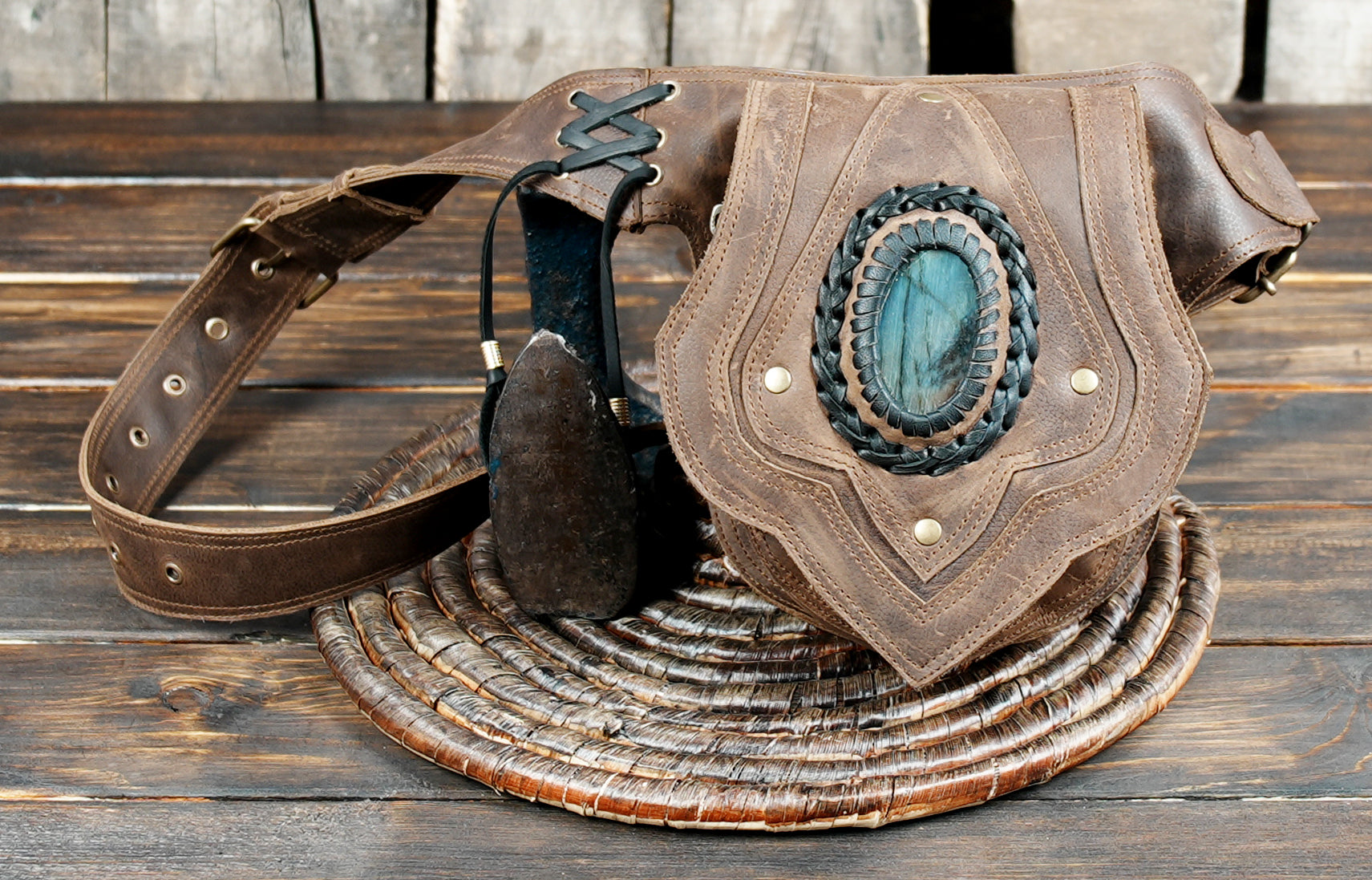 Artisan handcrafted brown leather belt bag with gemstone