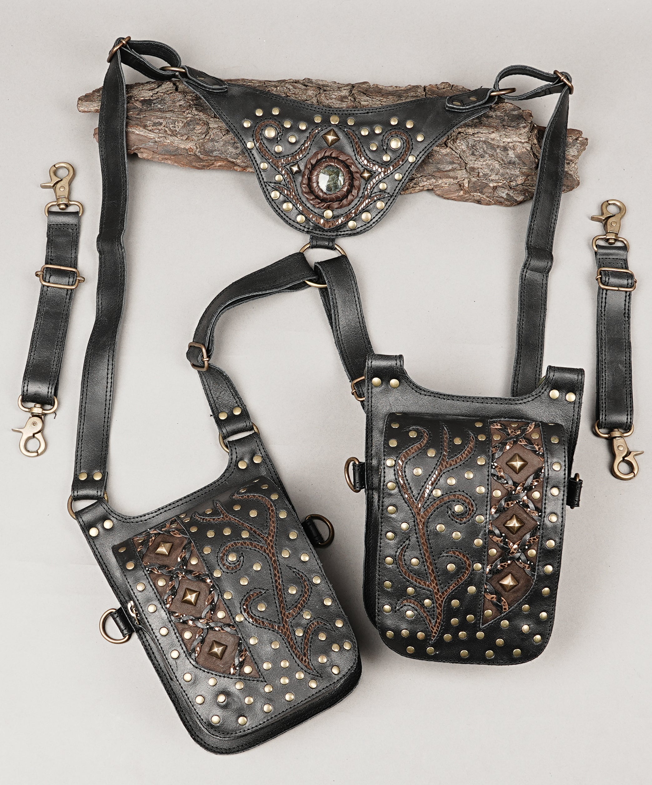 Premium handcrafted leather chest rig with decorative rivets and patterns