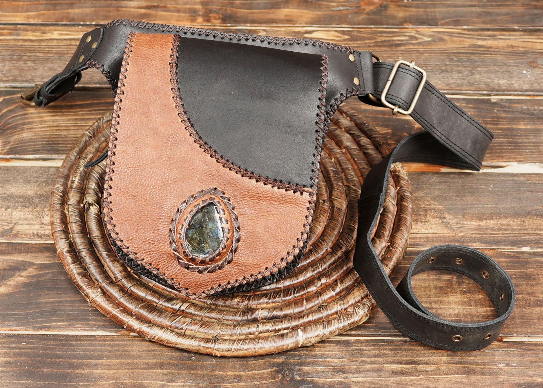 Premium Genuine Leather Waist Belt with Gemstone Pouch || Two-Tone Leather Waist Belt with Decorative Flap  (LT-AB-WB-6203)