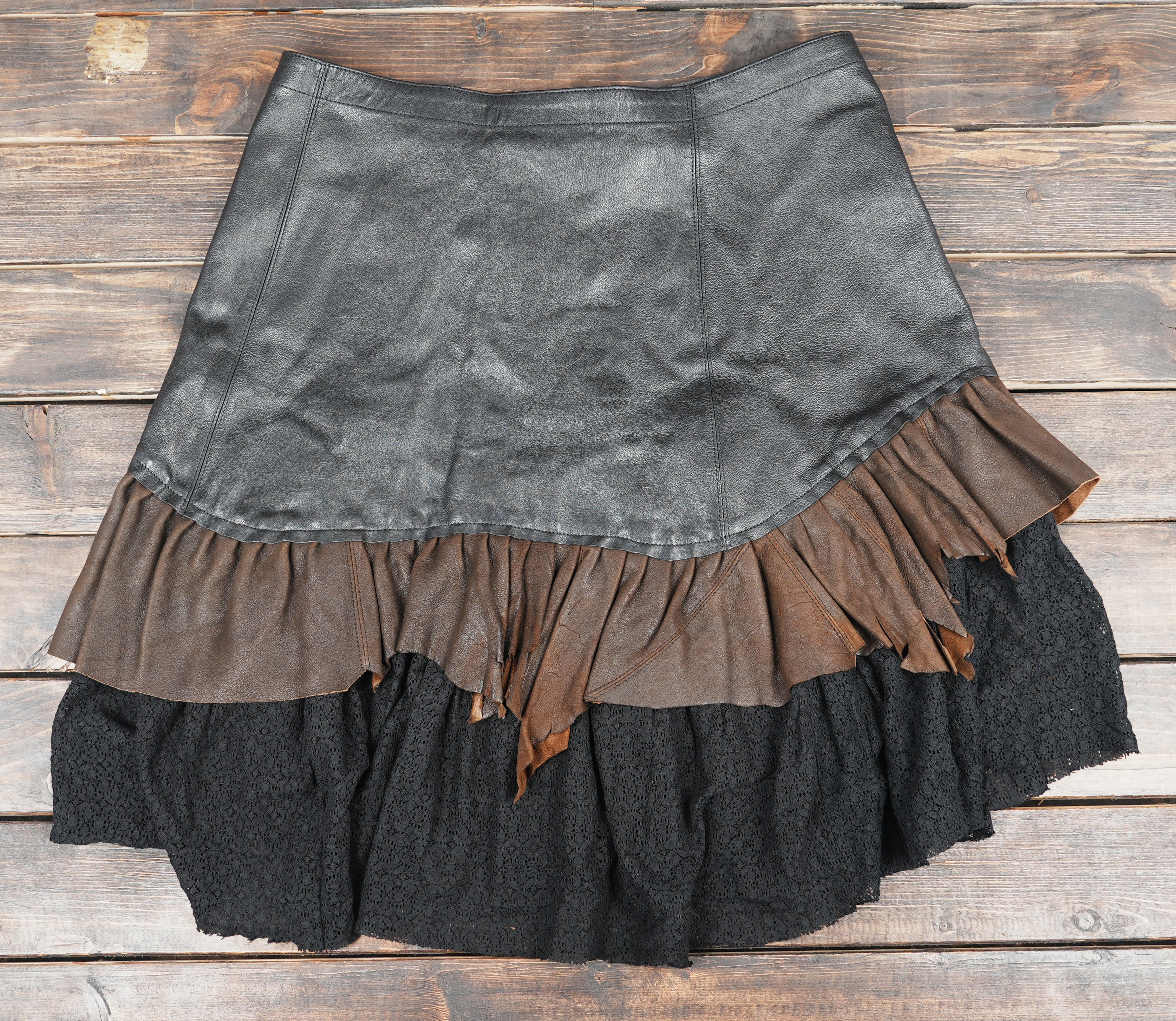 Black and brown layered leather skirt belt with lace hem