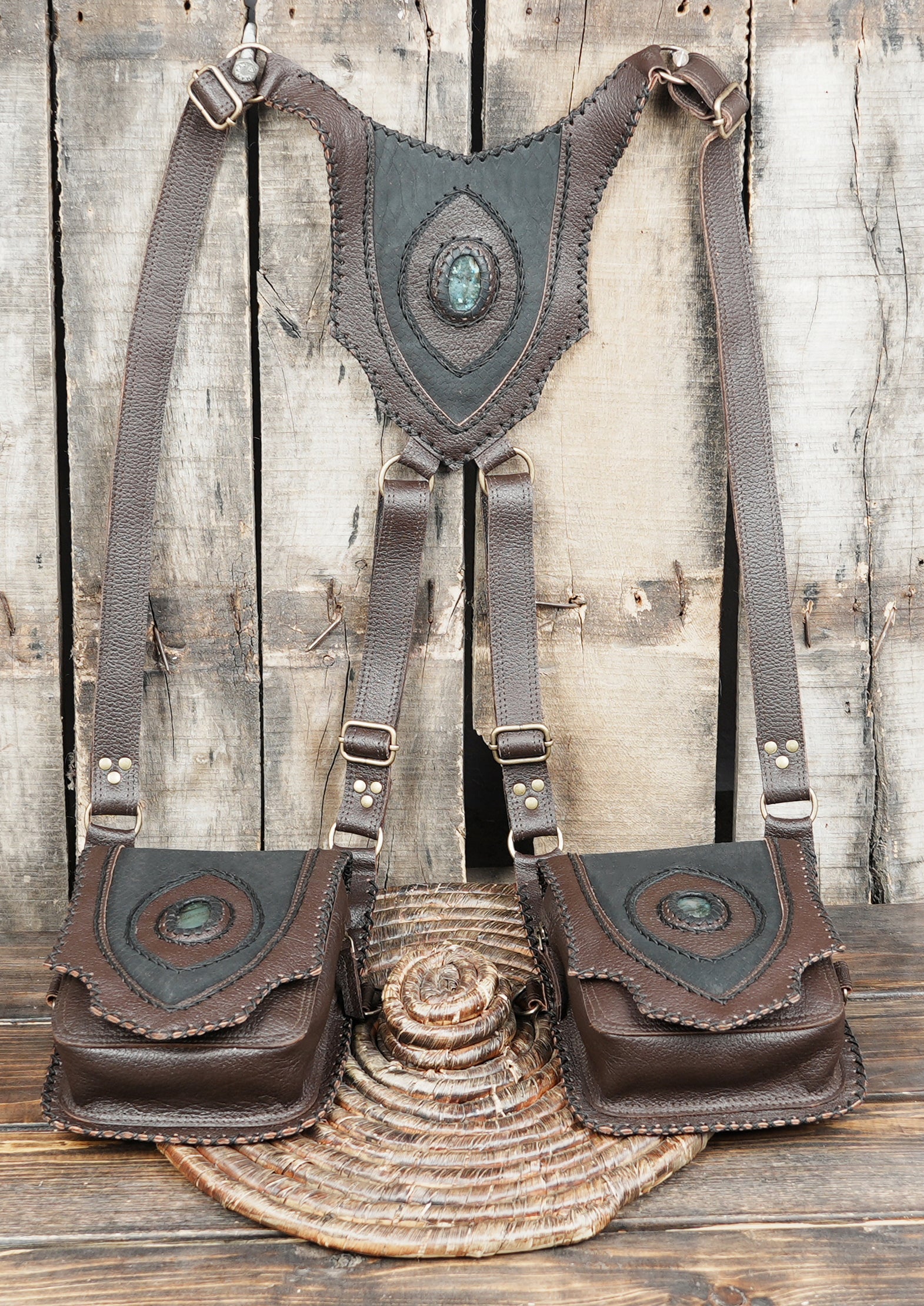 Tribal inspired dual pocket leather holster for cosplay and festivals