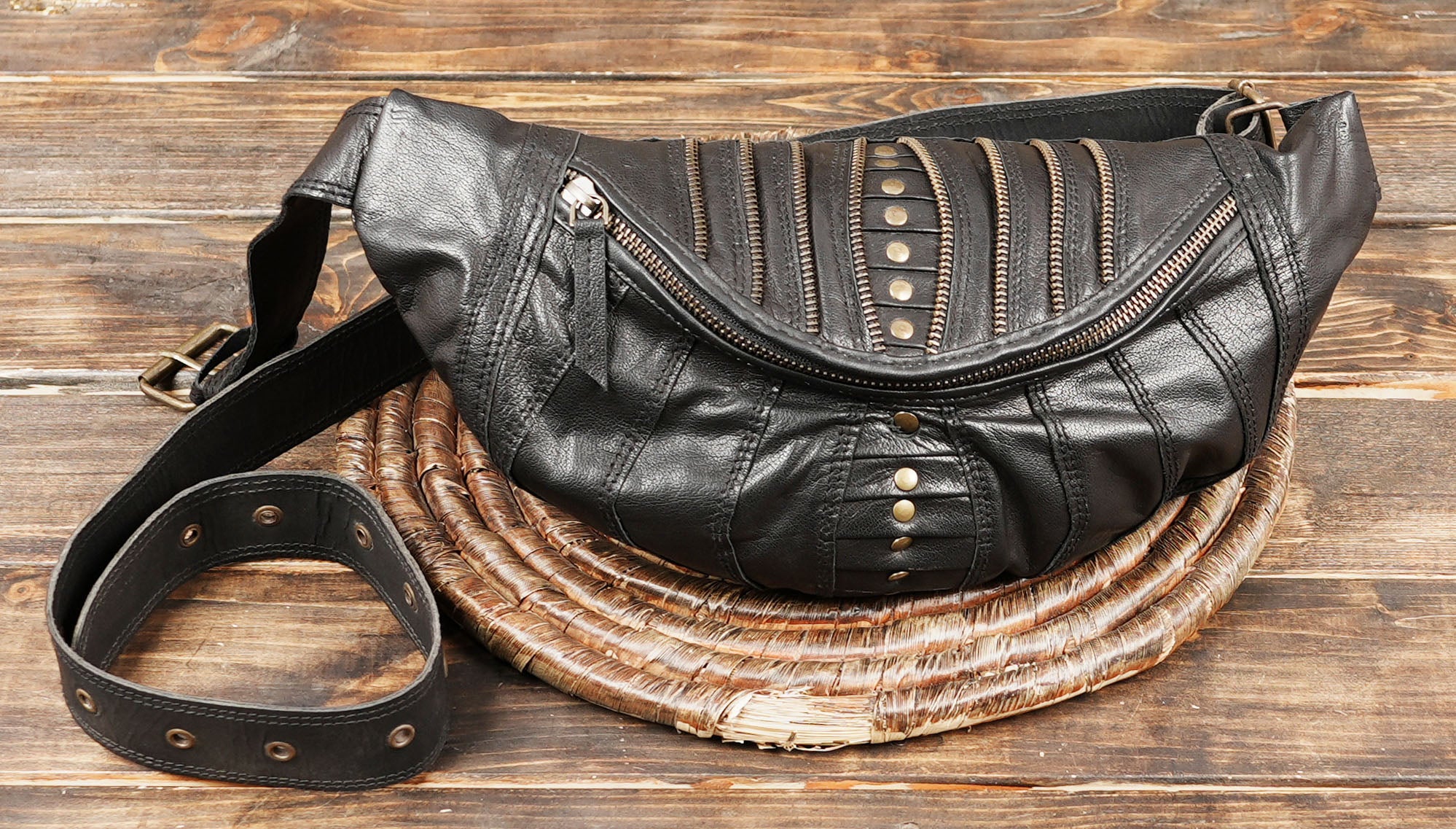Handmade Black Leather Shoulder Belt Bag | Steampunk Festival Waist Pack | Unisex Leather Crossbody Belt with Brass Studs (LT/AB/SB/6011)