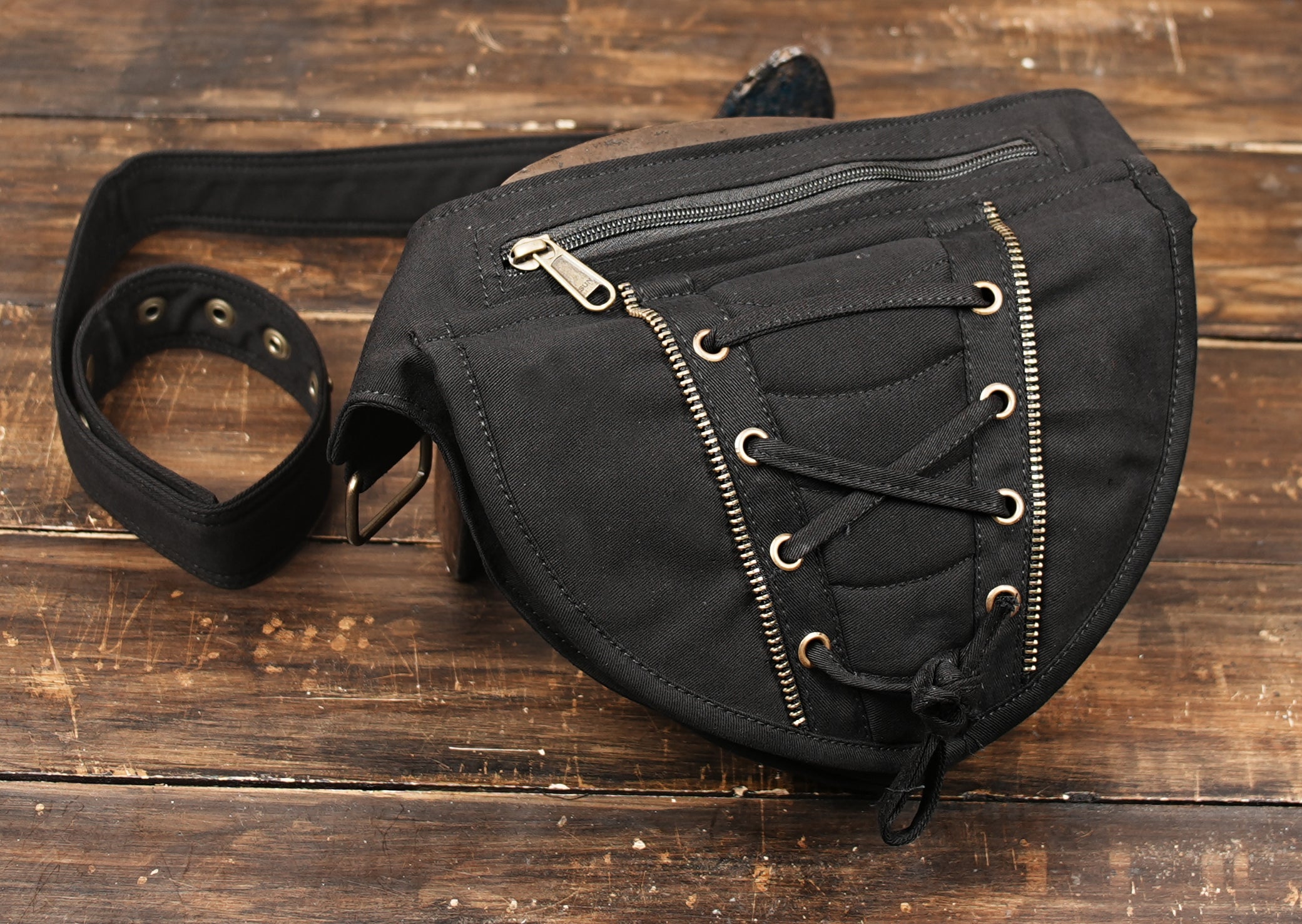 Adjustable strap gothic hip pouch in black canvas