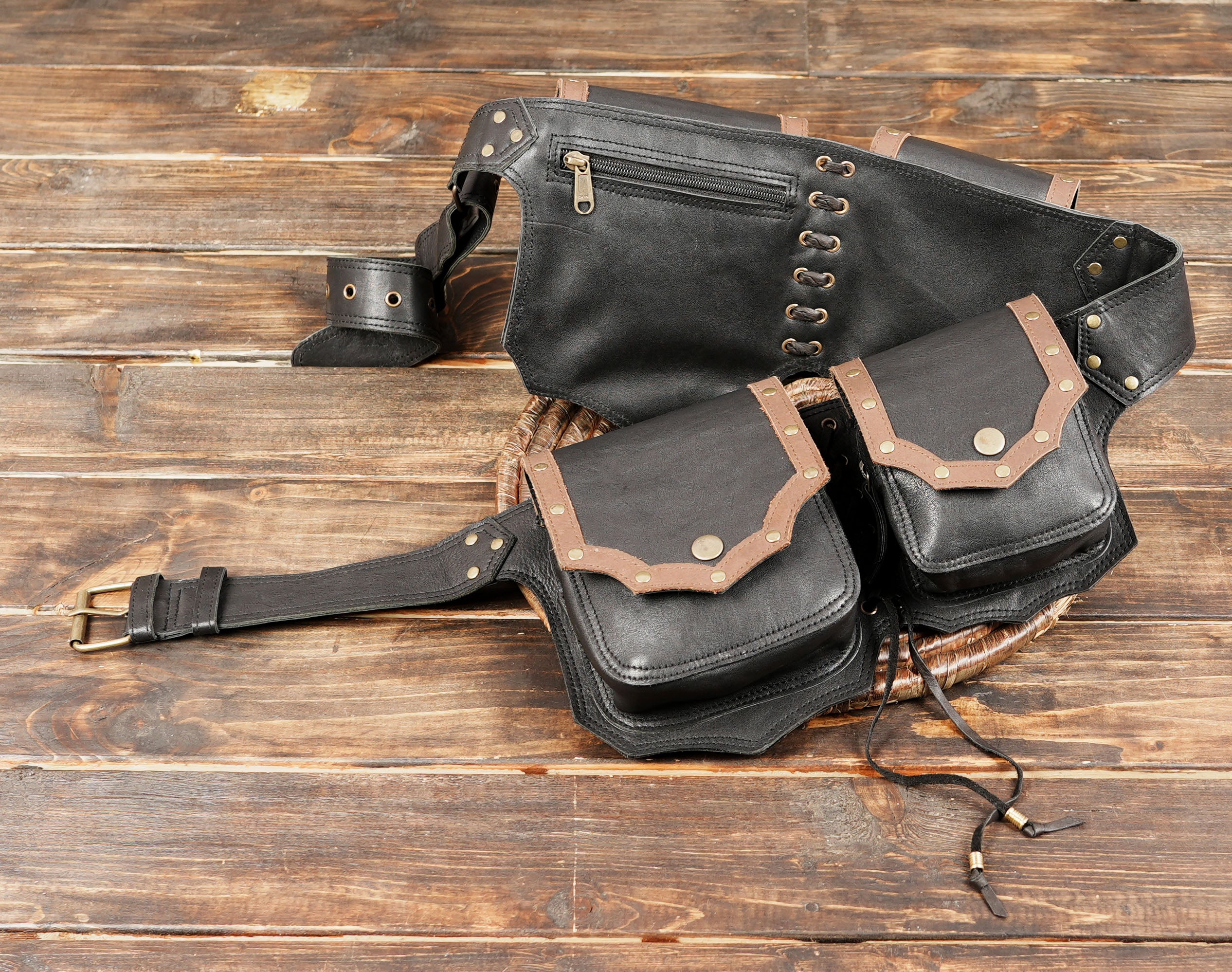 Handmade Leather Utility Belt with Four Pockets || Black and Brown Trim Leather Hip Belt with Secure Buckle  (LT-AB-WB-6091)