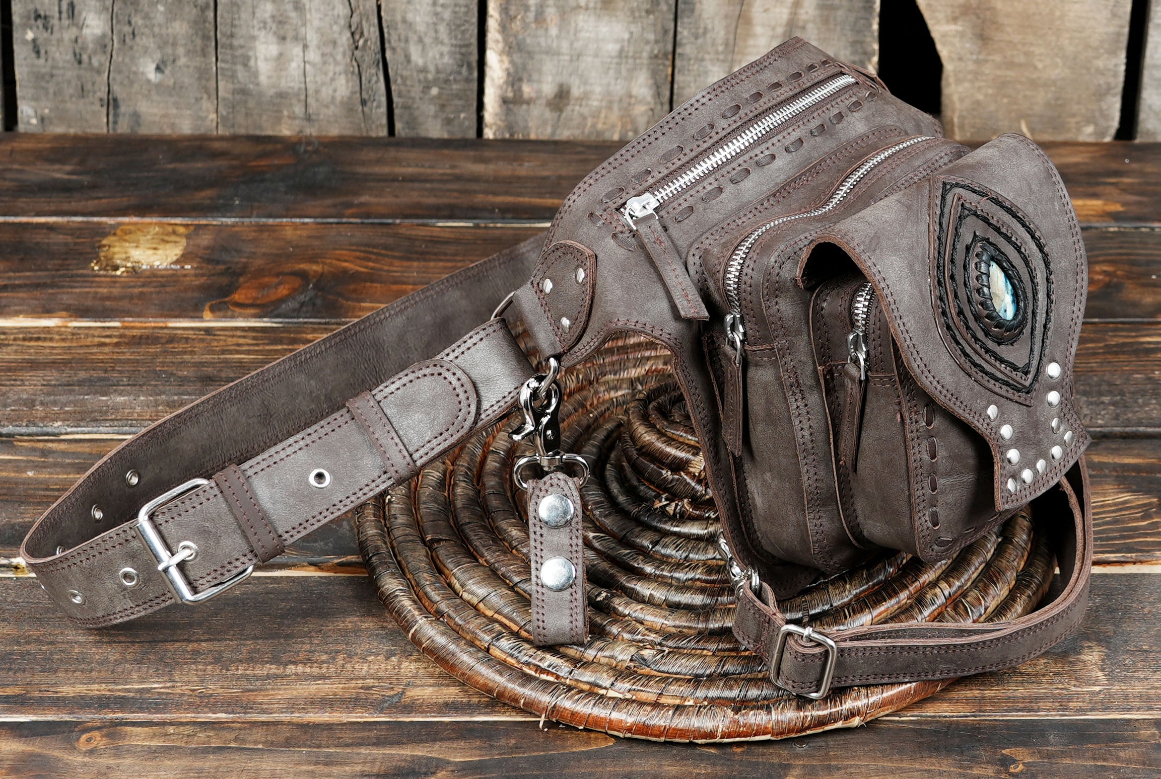 Handmade Black Leather Belt Bag: Gemstone Fanny Pack