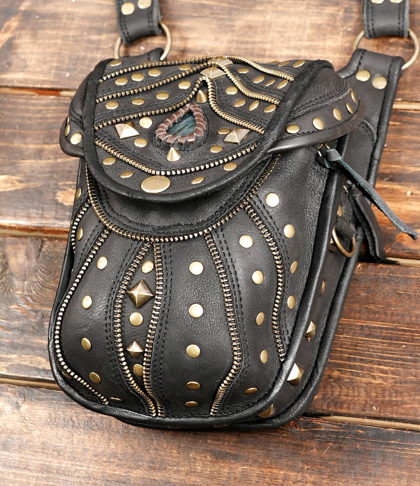 Handcrafted Leather Holster with Labradorite Stone Accents || Boho Style Leather Dual Pouch Holster with Gemstone Detail (LT-AB-HLS-6099)