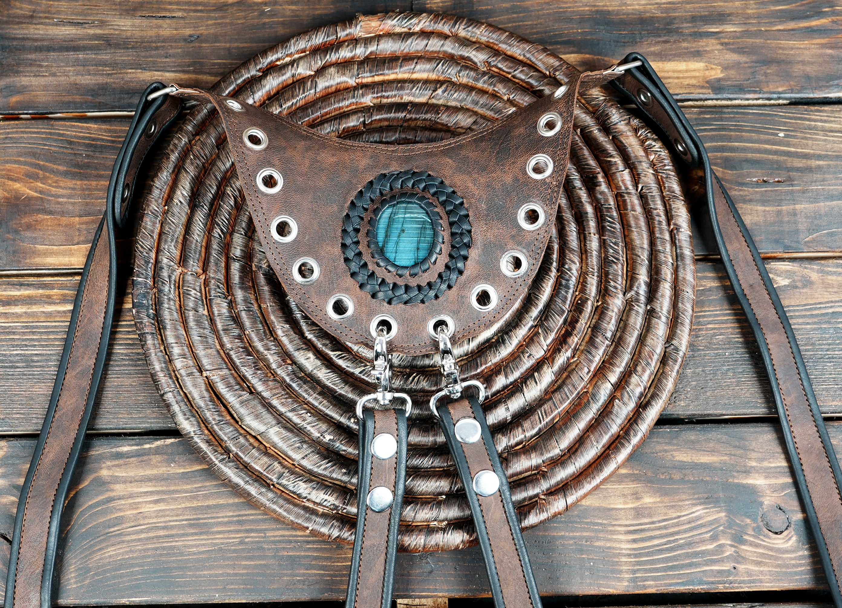 Dual-pocket brown leather utility harness with decorative studs