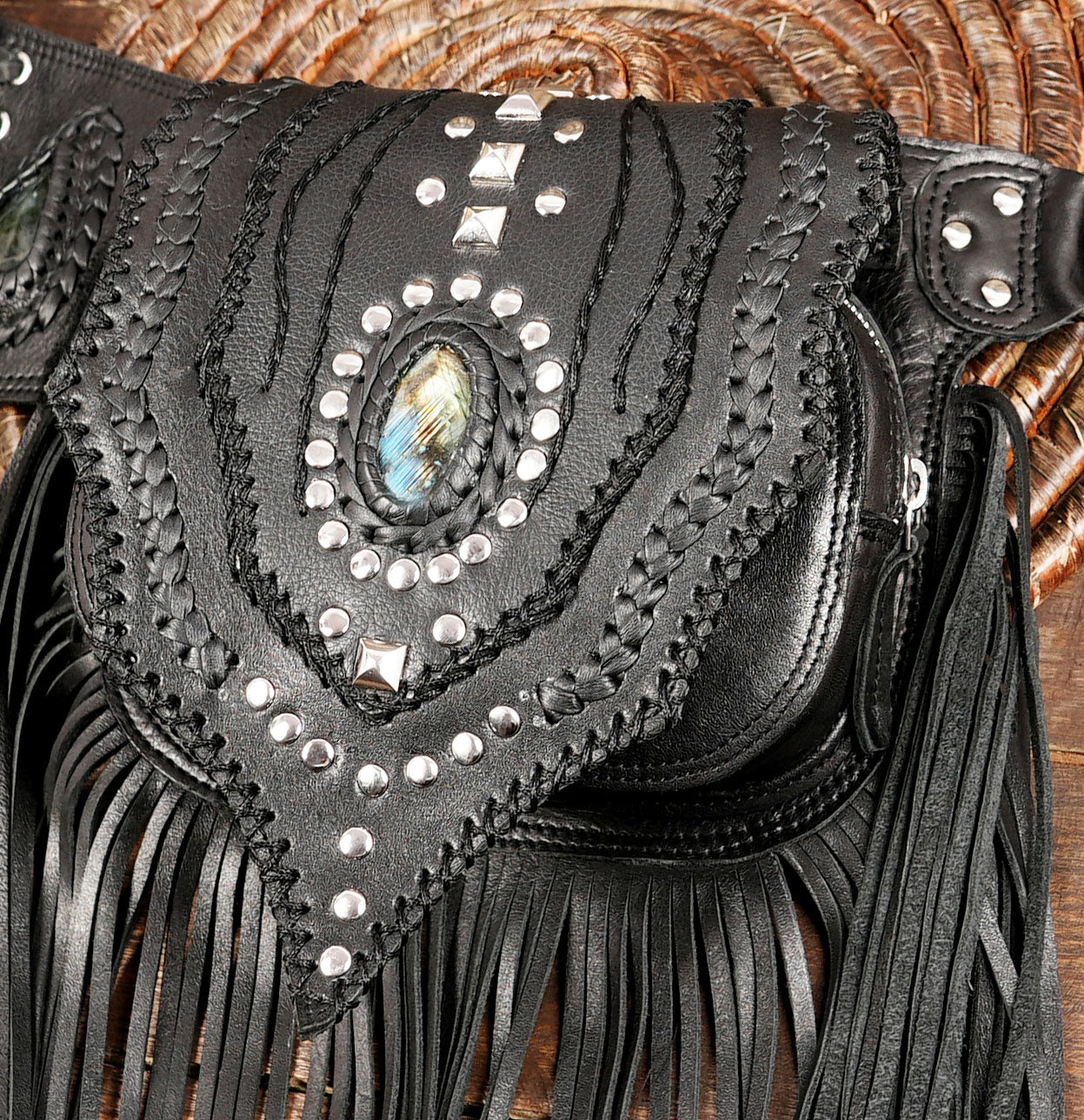 Gothic leather holster bag with silver studs and fringe