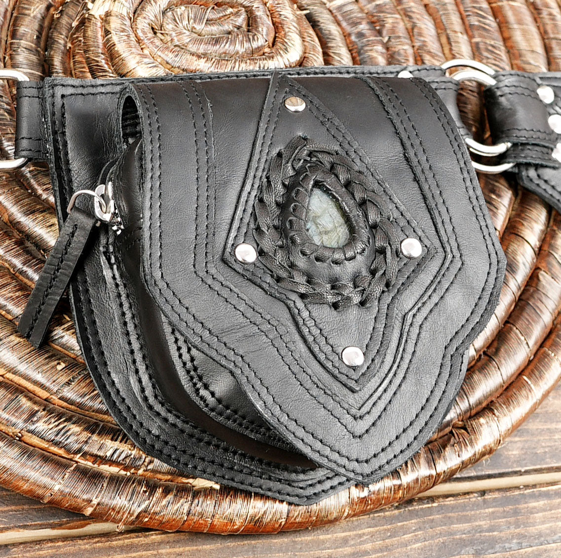 Handmade Black Leather Waist Belt with Gemstone Accents || Leather Waist Belt with Dual Storage Pouches and Metal Rings (LT-NS-WB-6046)