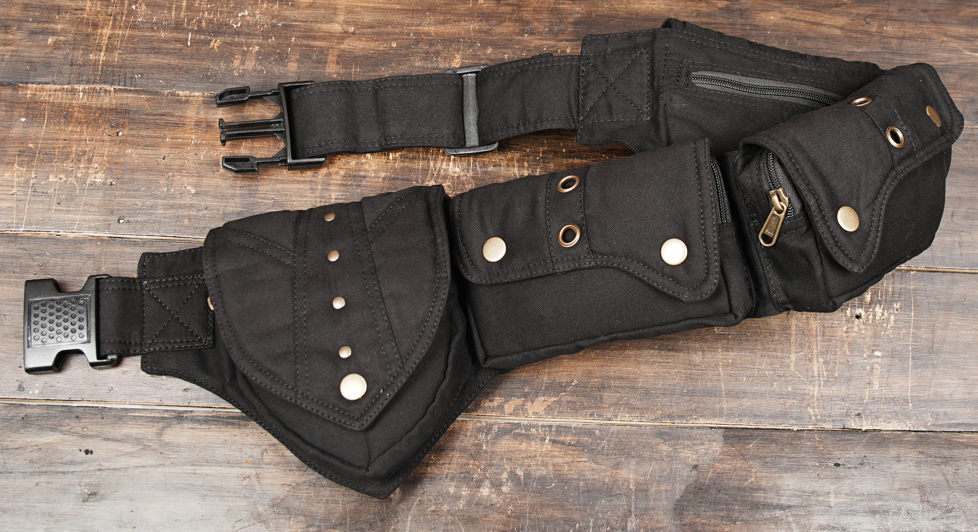 Black cotton hip belt organizer for travel festivals and outdoor events