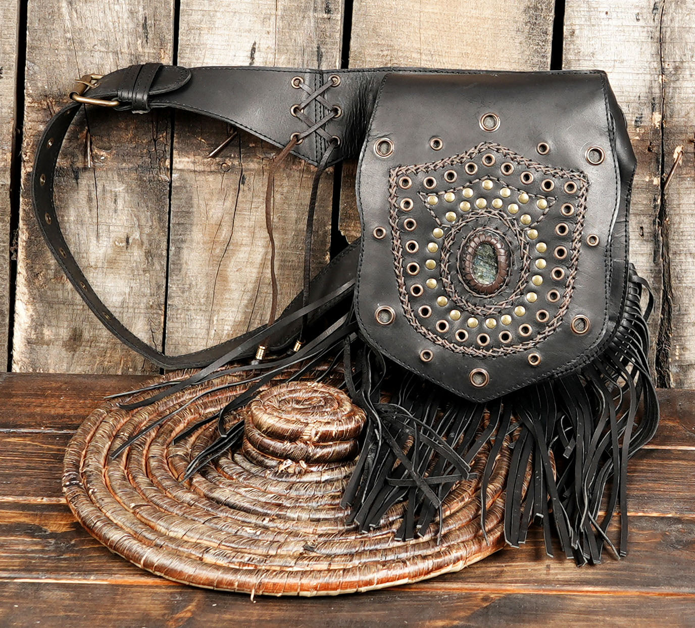 Handmade Genuine Leather Waist Belt with Gemstone || Gothic Boho Leather Belt Bag with Stone Centerpiece (LT-AB-WB-6124)