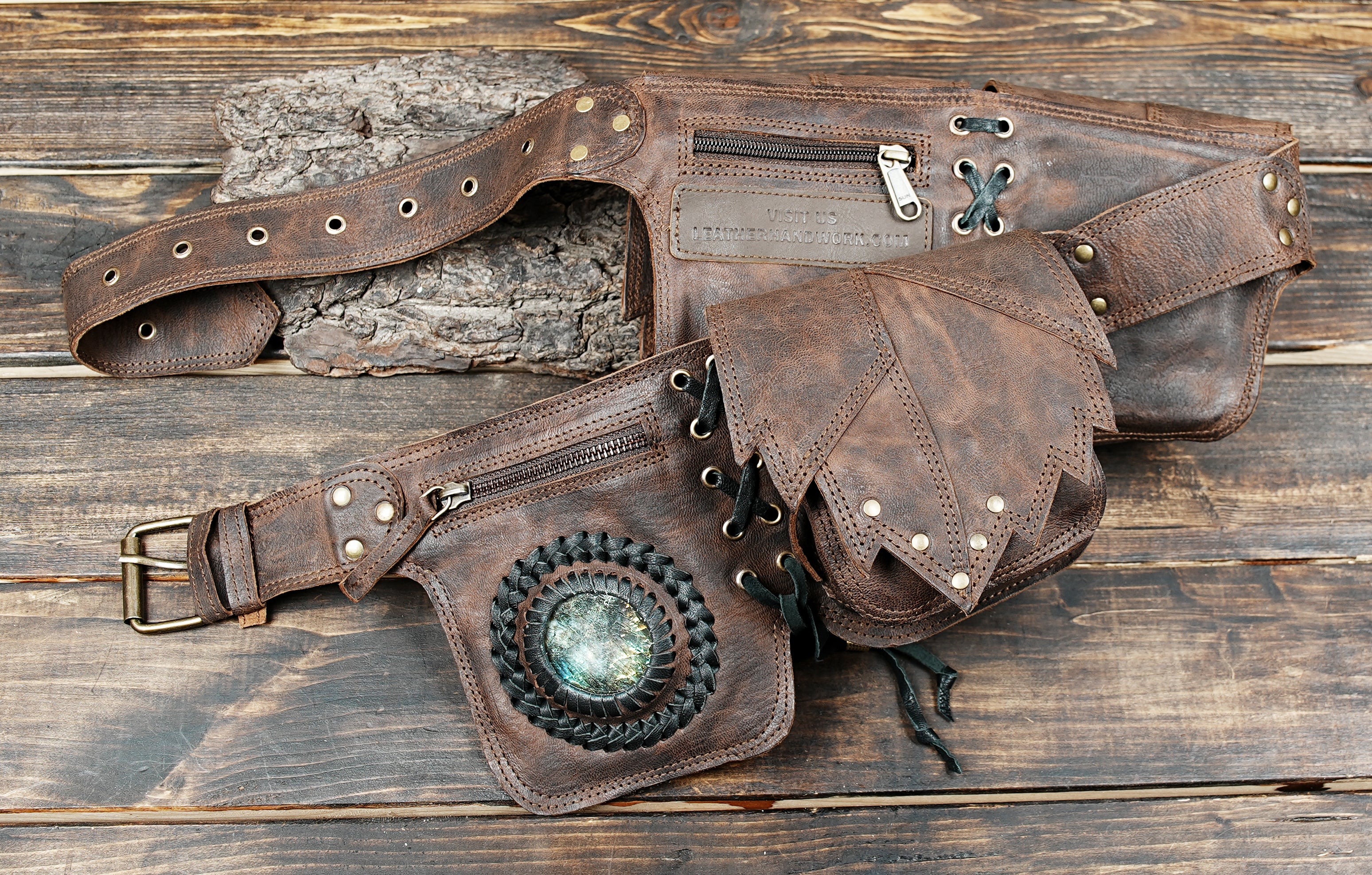 Genuine leather hip belt with storage pouches