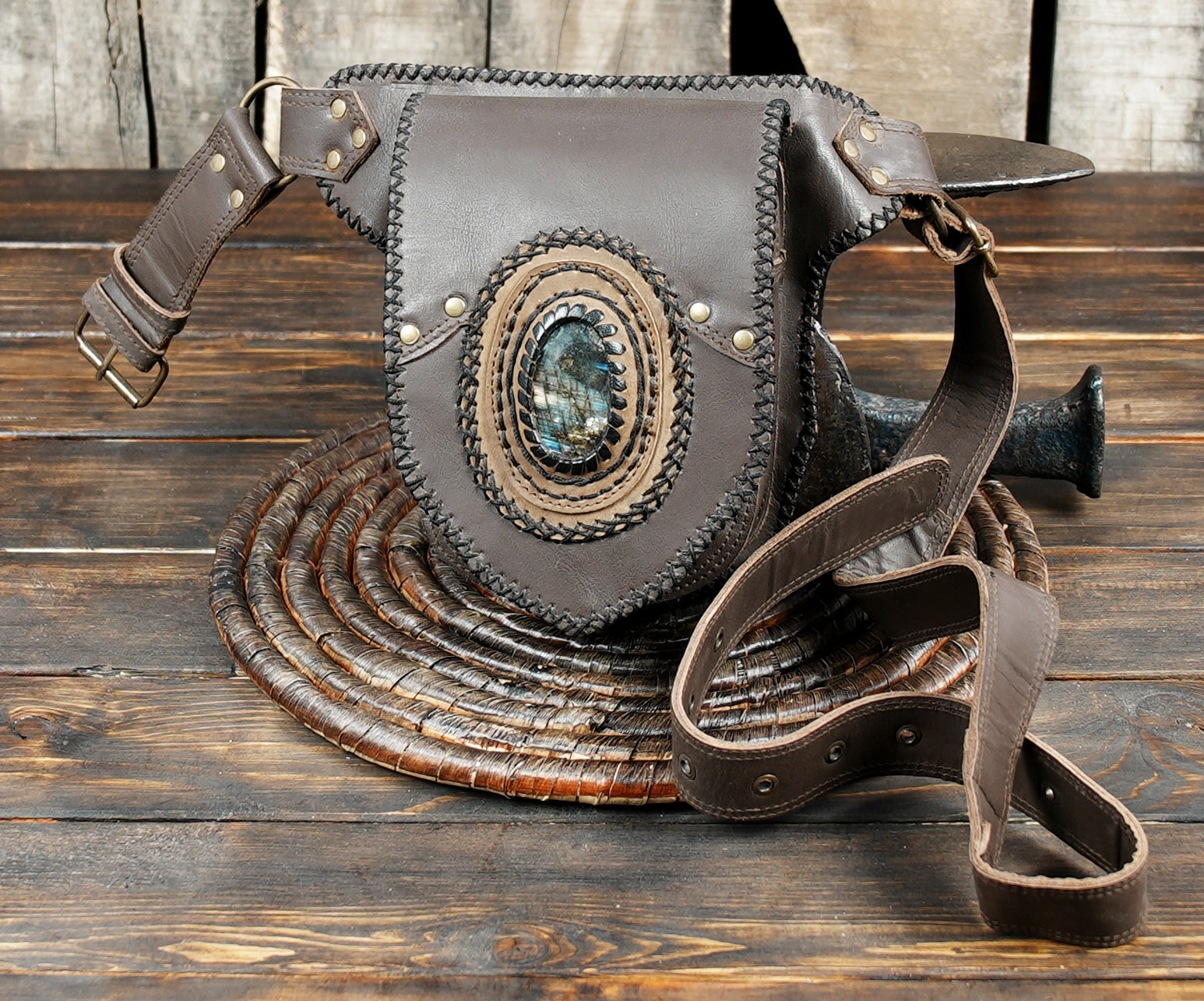 Festival leather waist belt with handcrafted stitching