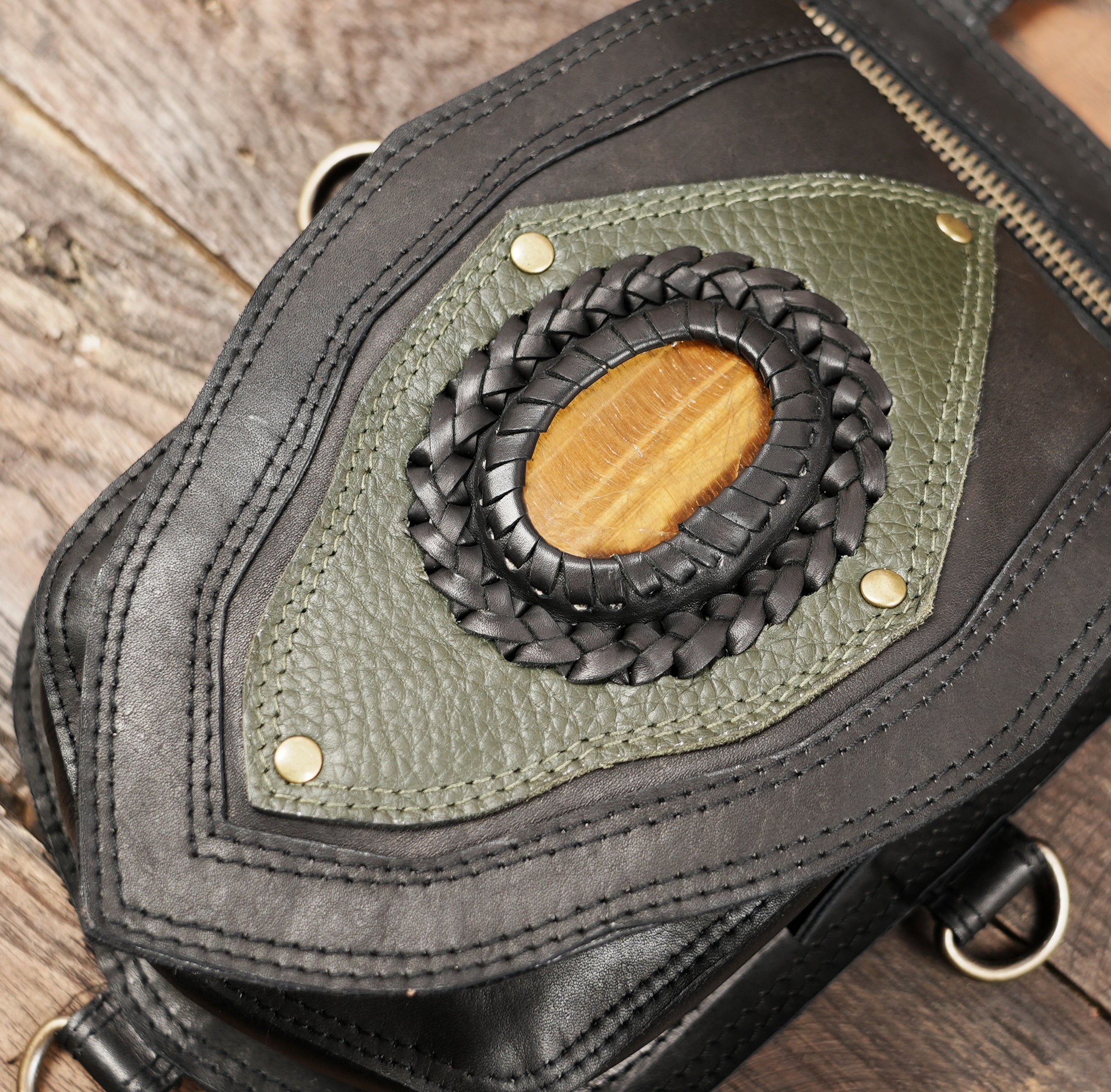 Handmade Leather Shoulder Holster Bag with Real Labradorite Gemstones || Burning Man holster || Adjustable straps || For Unisex ||