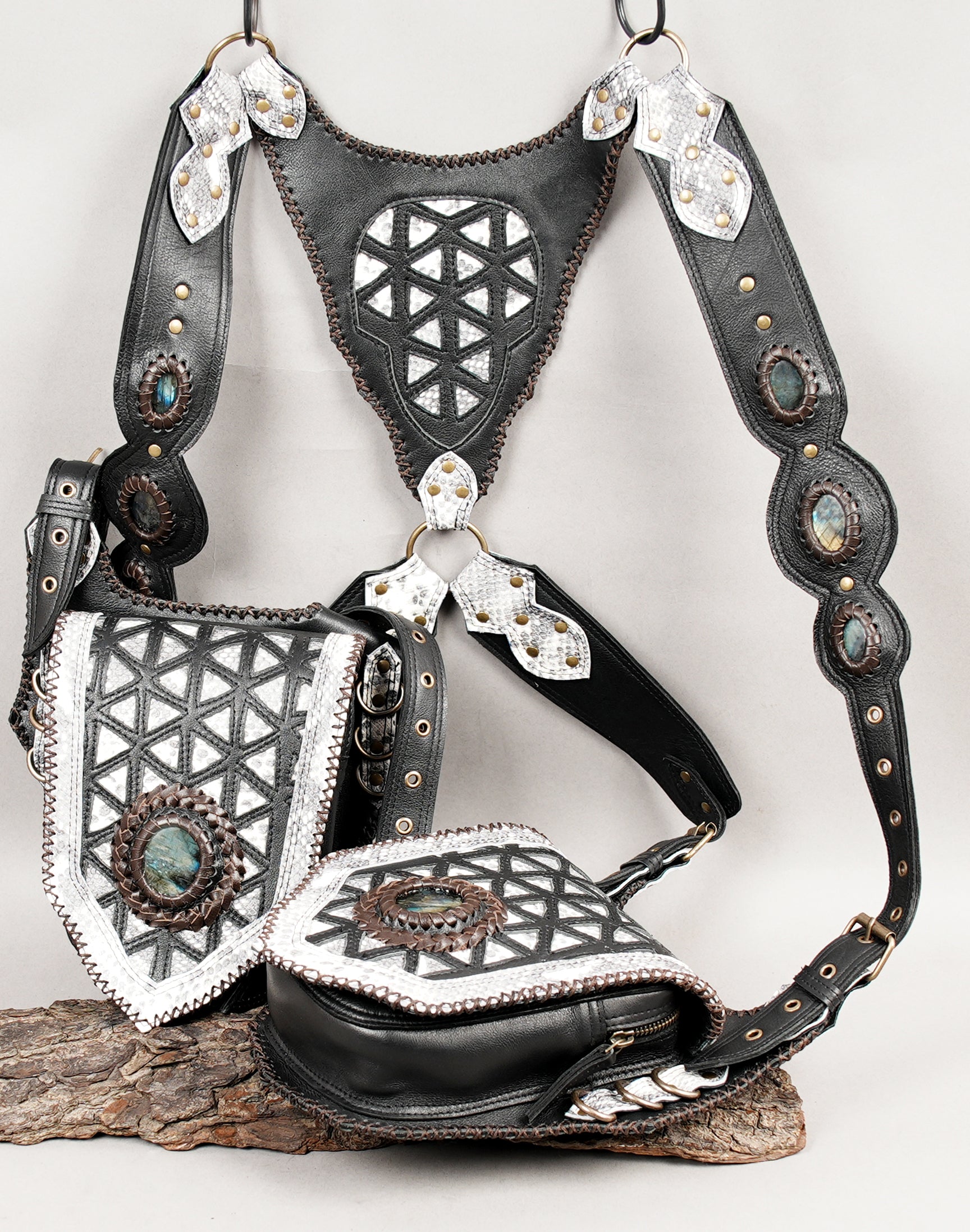 Decorative geometric leather holster with gemstone inserts